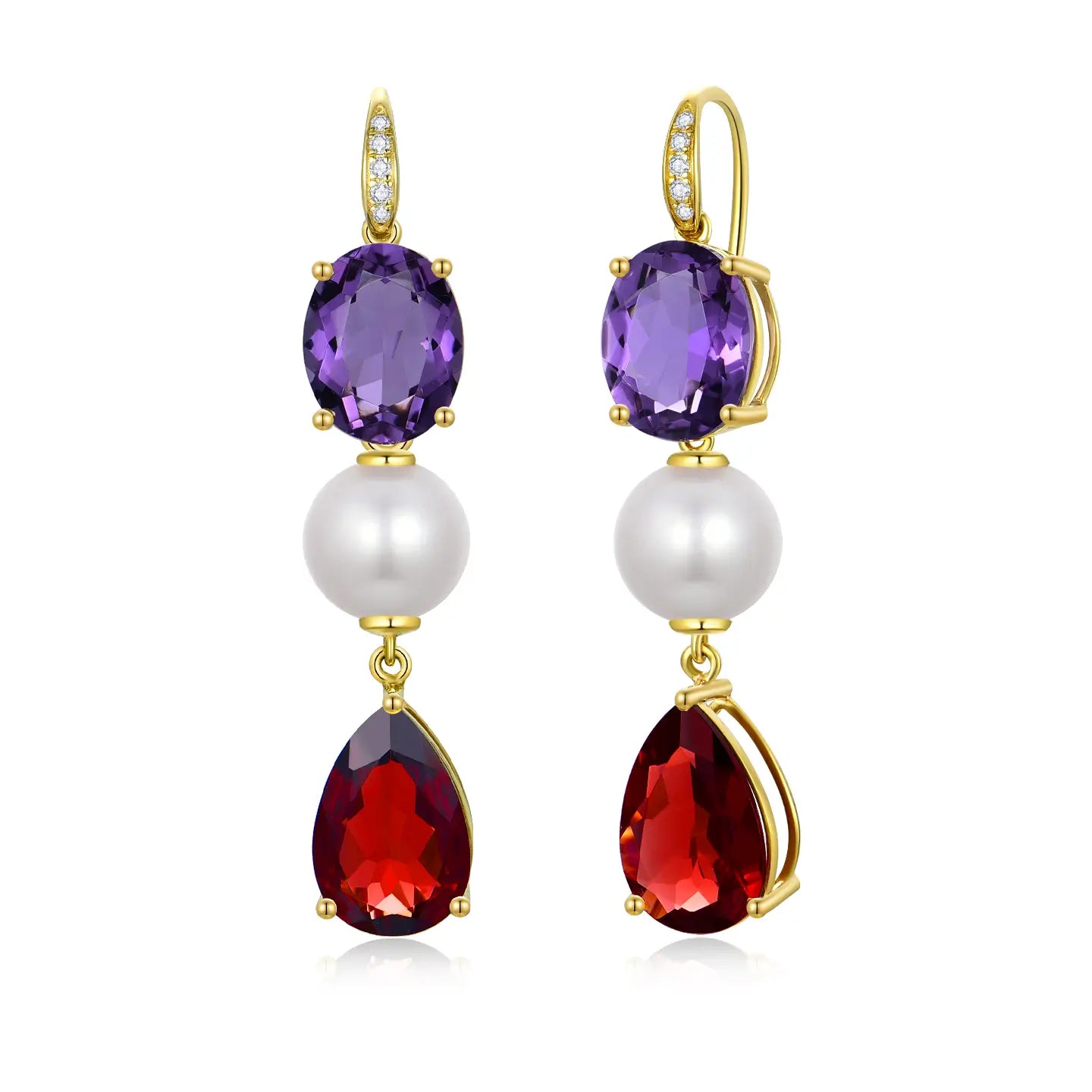 GemFusion Natural Amethyst Garnet Pearl Convertible Drop Earrings 14k yellow gold