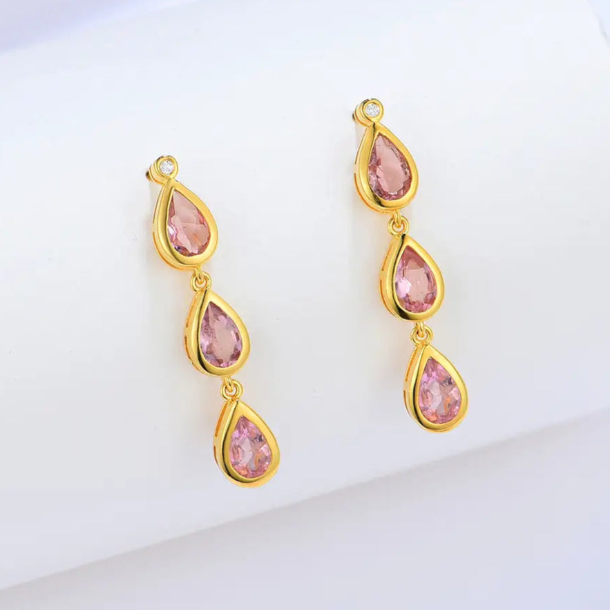 Venus Tears natural Pink Tourmaline Diamond Drop Earrings 14k yellow gold