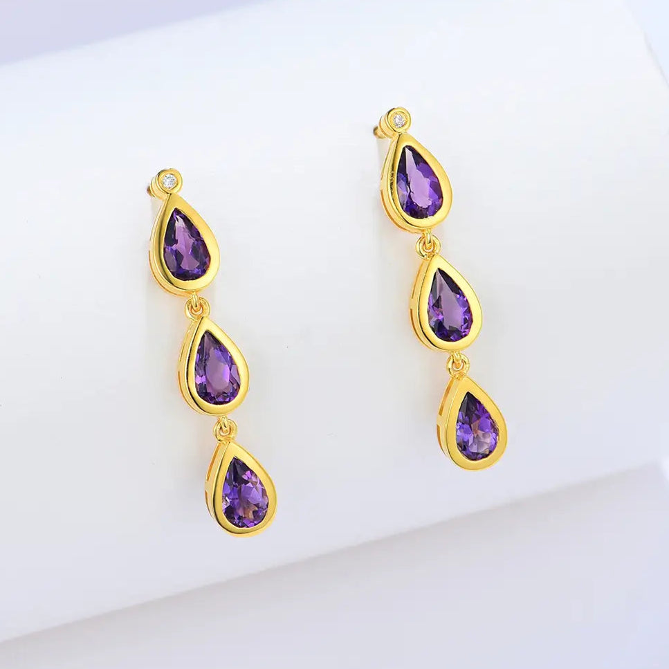 Venus Tears Pear Amethyst Diamond Drop Earrings 14K Yellow gold 