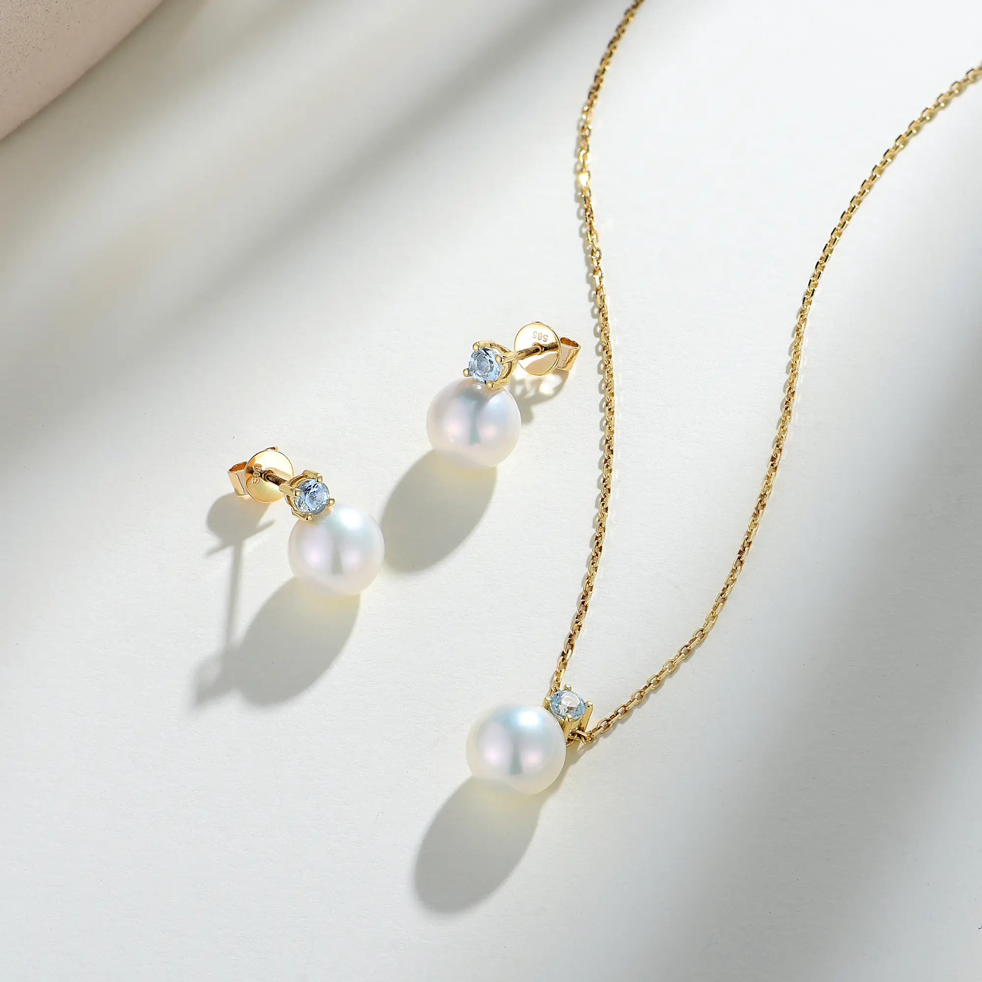 14k yellow gold Birthstone Aquamarine Pearl Necklace and necklace set