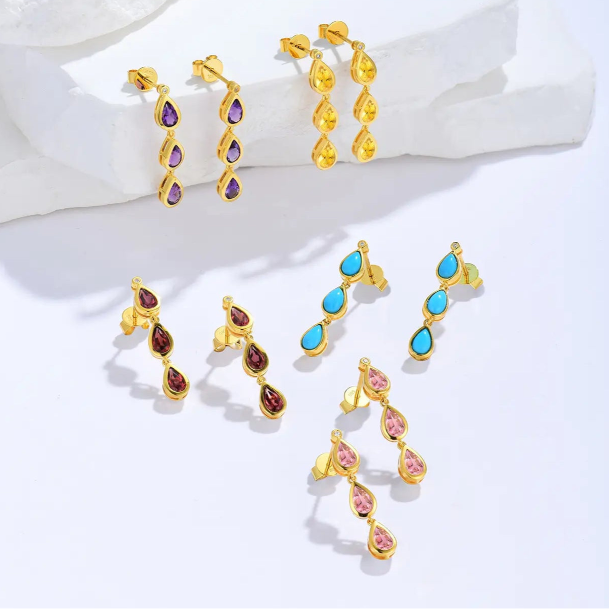 Venus Tears Pear Natural Gemstones Diamond Drop Earrings 14K Yellow gold 