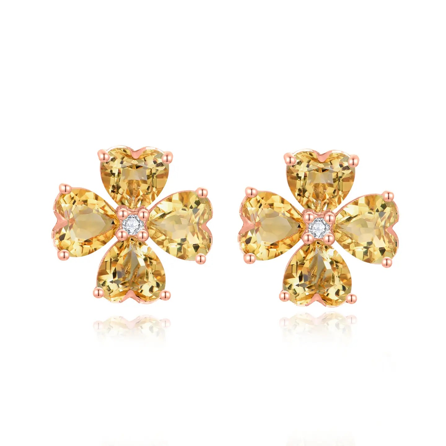 Pear Natural Citrine Diamond Clover Earrings 14K rose Gold 