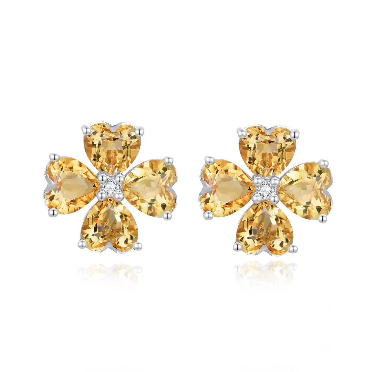 Pear Natural Citrine Diamond Clover Earrings 14K white Gold or sterling silver