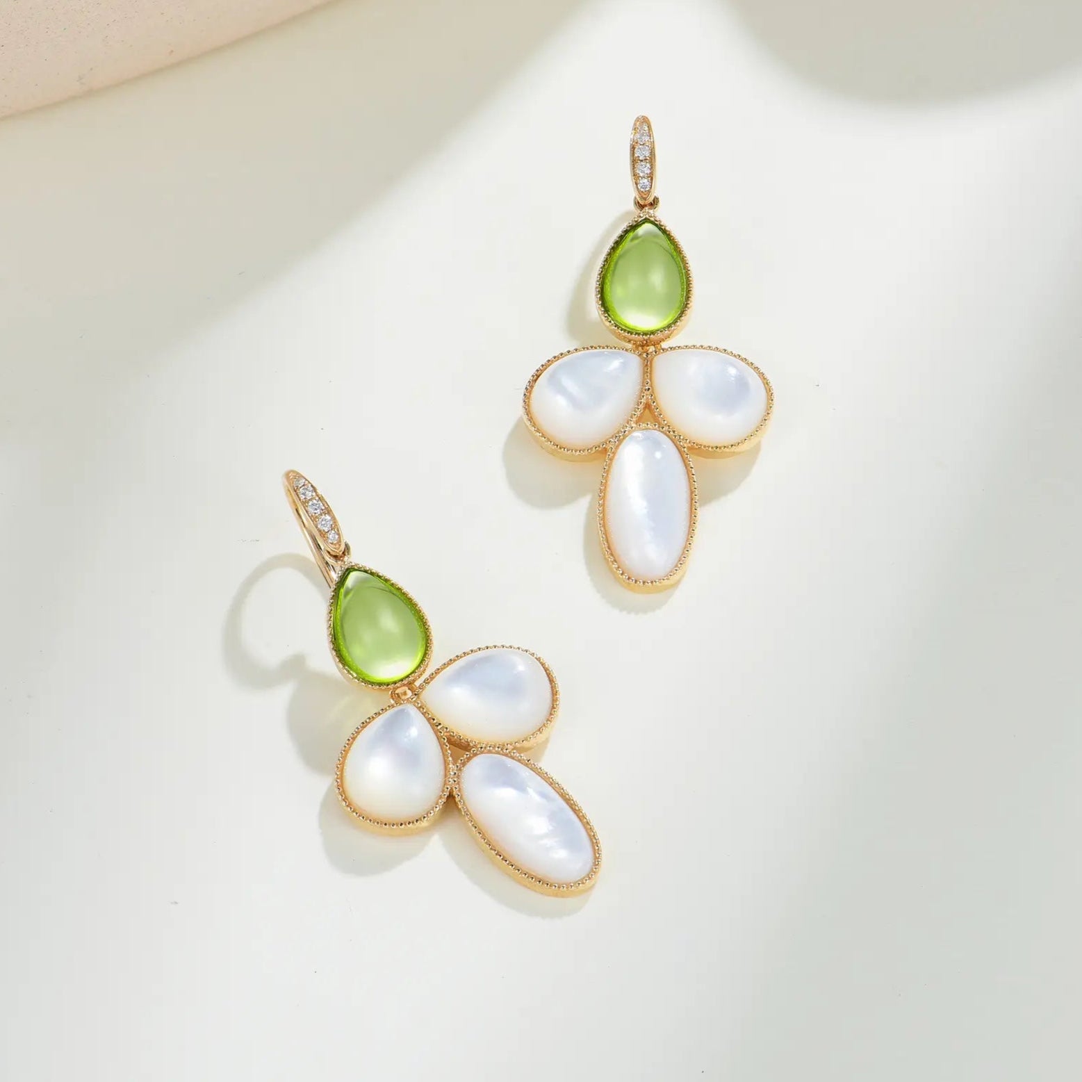 SnowDrop Flower Natural Peridot & Mother of Pearl Diamond Convertible Drop Earrings 14k yellow gold 