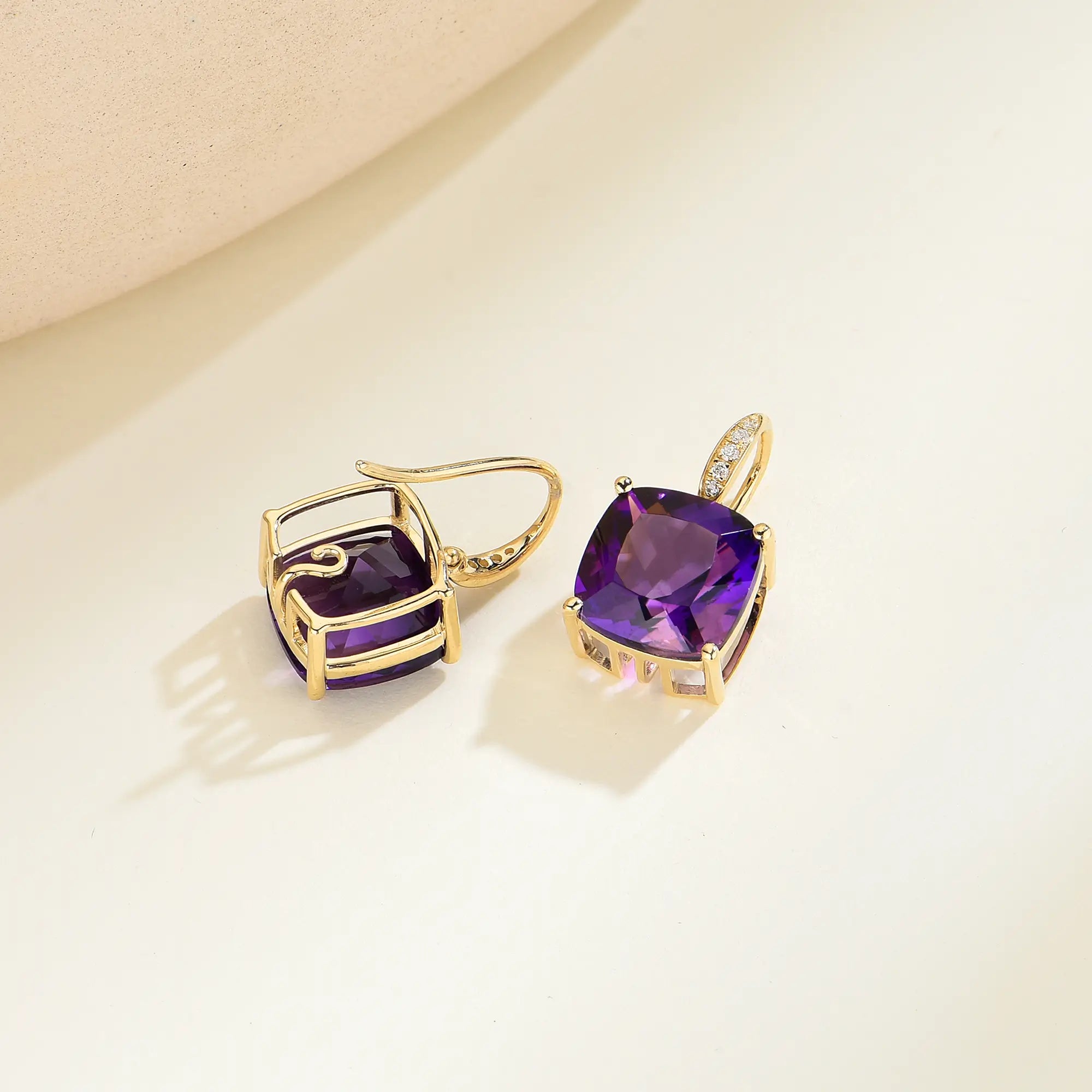 Radiant Cushion Amethyst Diamond Drop Earrings 14k yellow gold