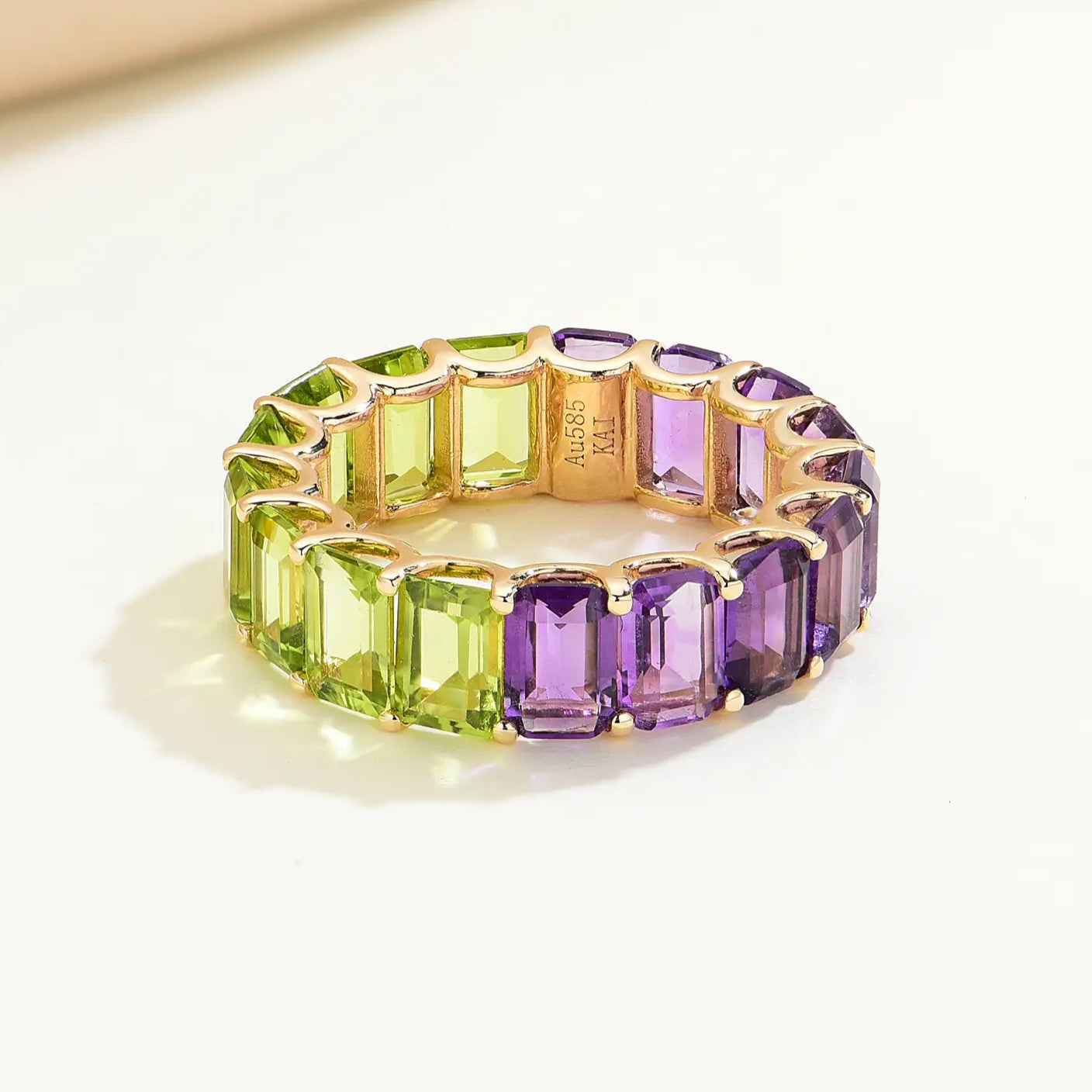 Nora Emerald-Cut Natural Amethyst & Peridot Duo Eternity Ring 14k yellow gold 
