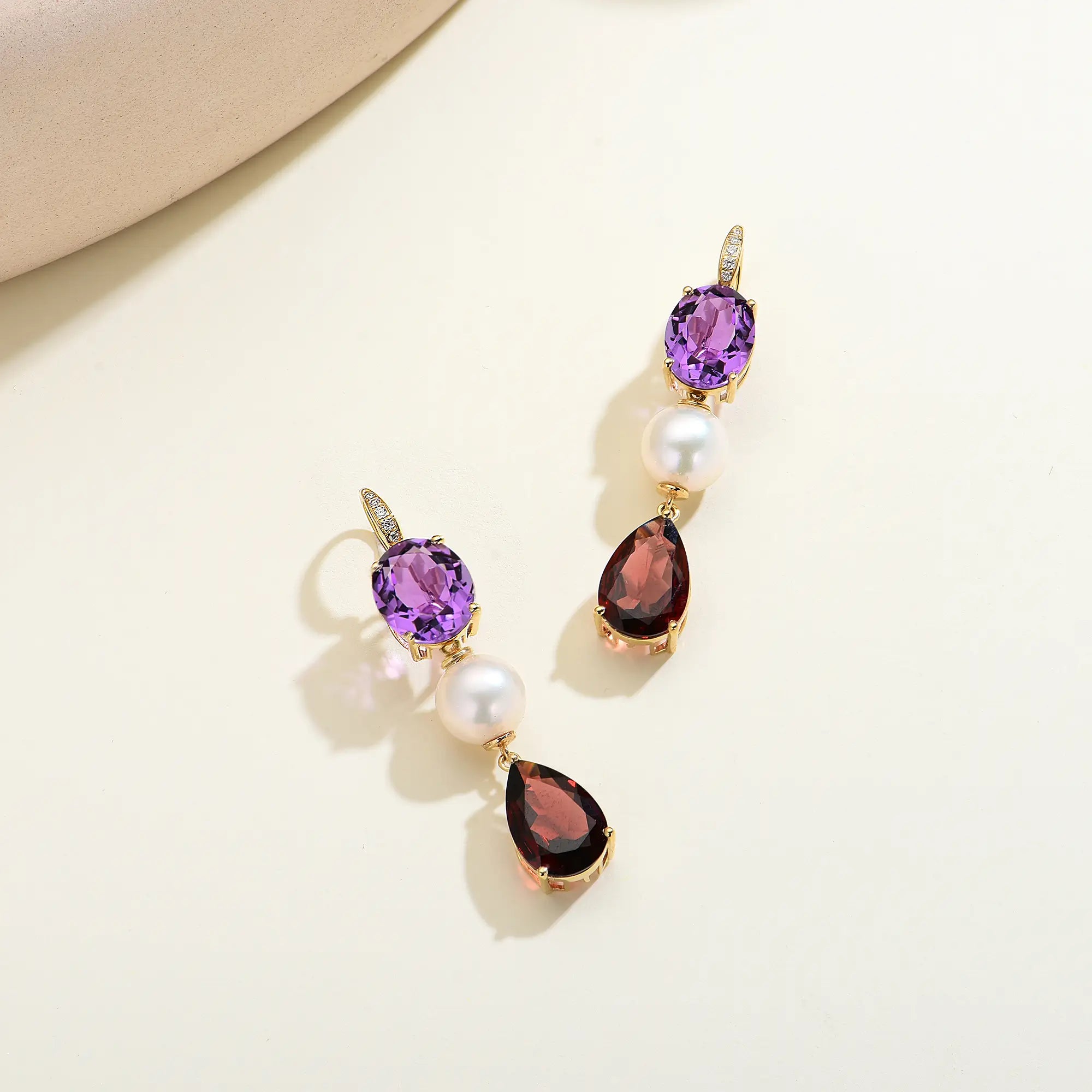 GemFusion Natural Amethyst Garnet Pearl Convertible Drop Earrings 14k yellow gold