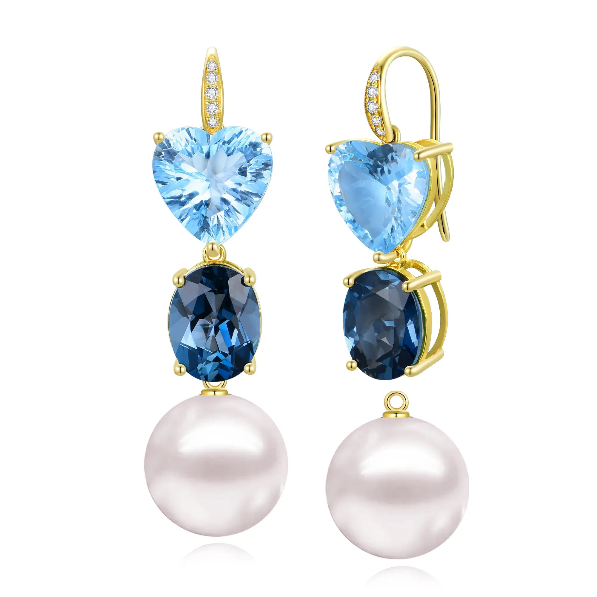 GemFusion Heart & Oval Natural Blue Topaz Diamond Pearl Convertible Drop Earrings 14k yellow gold