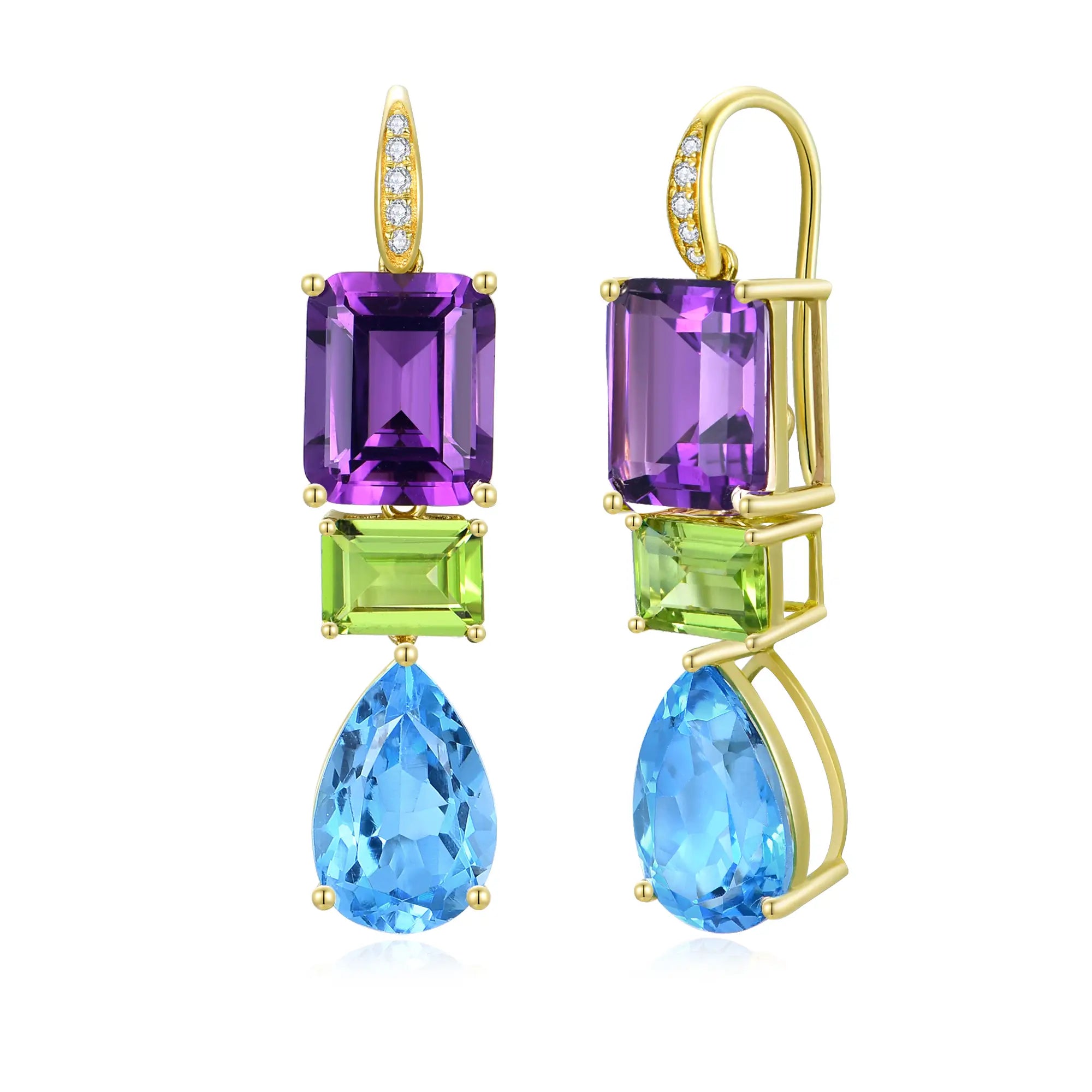 GemFusion Natural Amethyst Peridot Topaz Diamond Convertible Drop Earrings 14k yellow gold