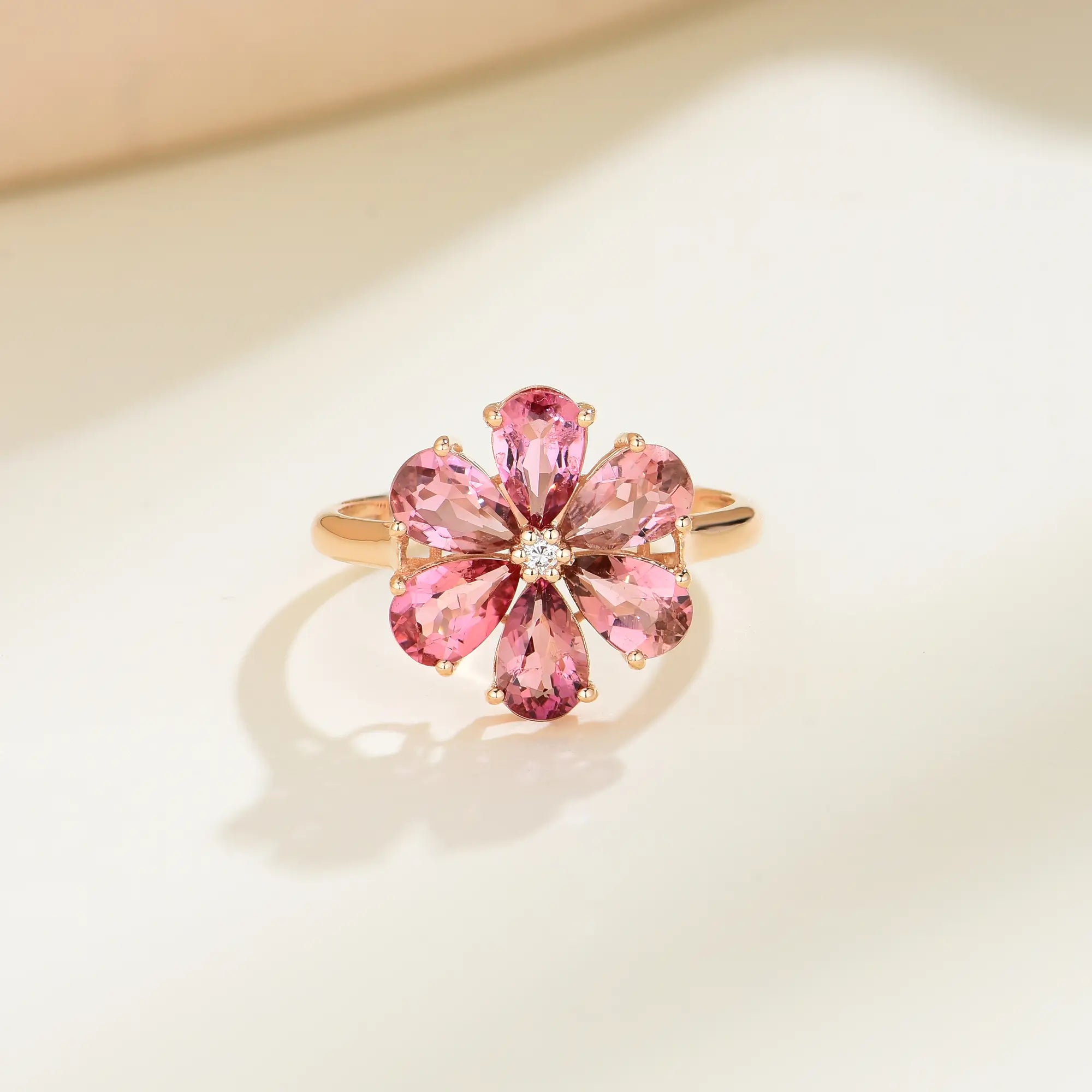 Flora Blossom Natural Pink Tourmaline Diamond Ring 14k Yellow Gold