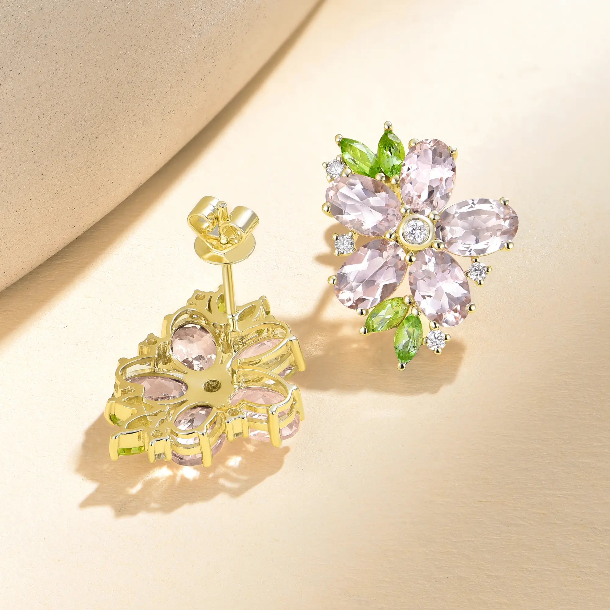 Nina Zhou x Kai Natural Morganite Peridot Diamond Blossom Earrings in 14k Gold
