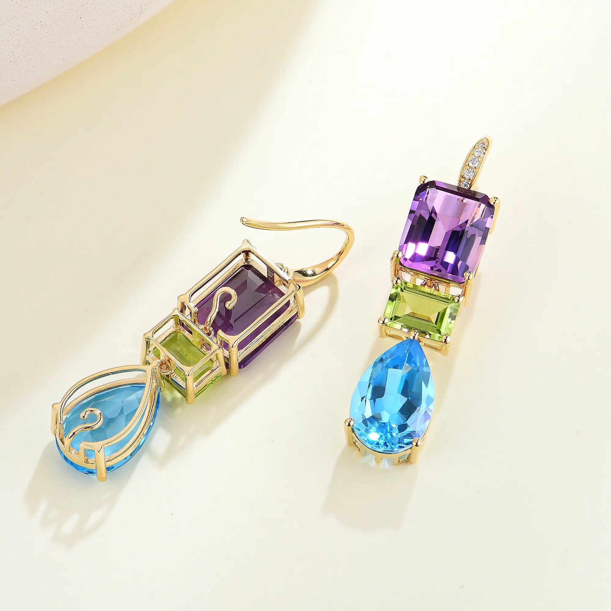 GemFusion Natural Amethyst Peridot Topaz Diamond Convertible Drop Earrings 14k yellow gold