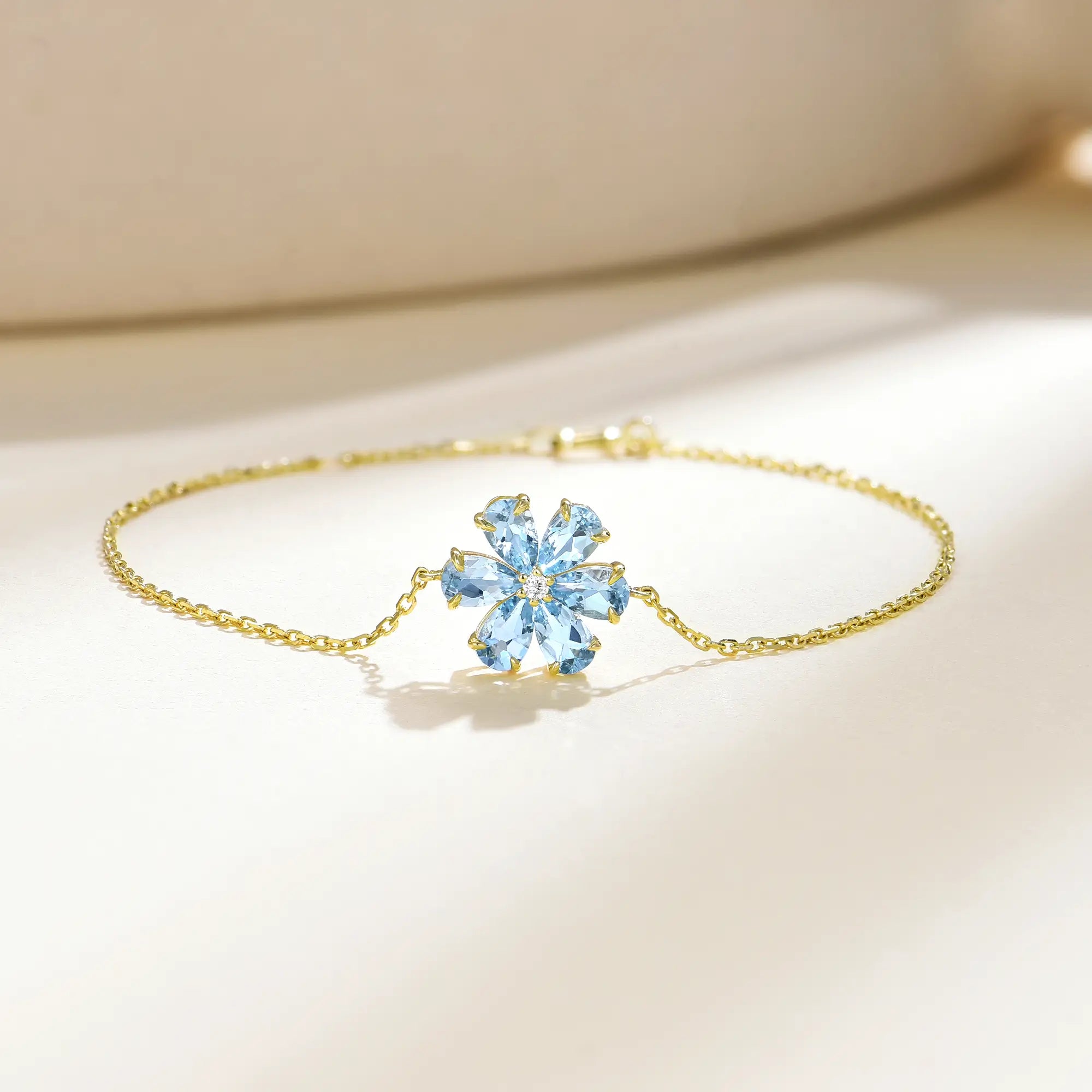 Flora Natural Aquamarine Diamond Flower Bracelet in 14k yellow gold