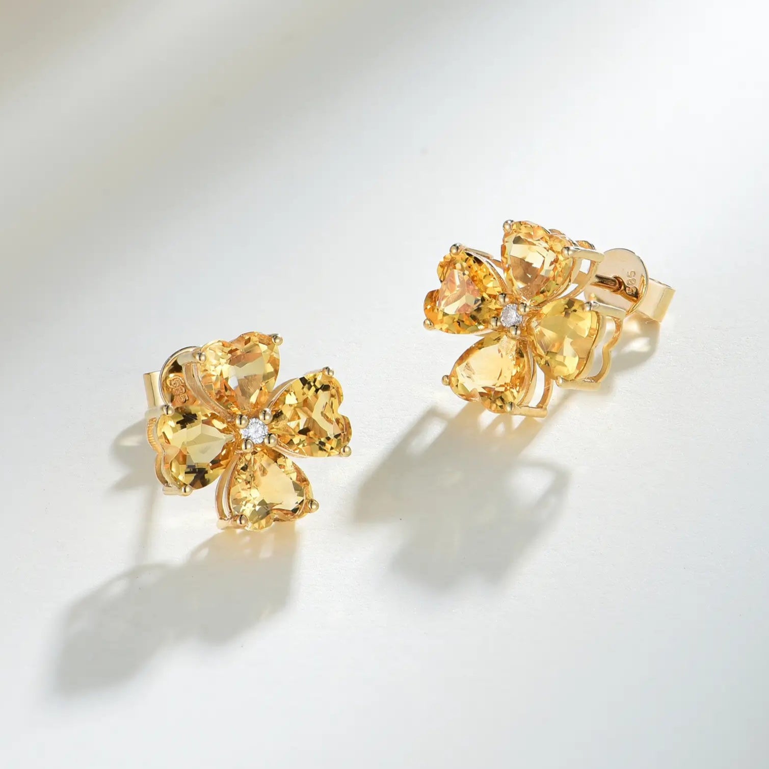 Pear Natural Citrine Diamond Clover Earrings 14K Yellow Gold 