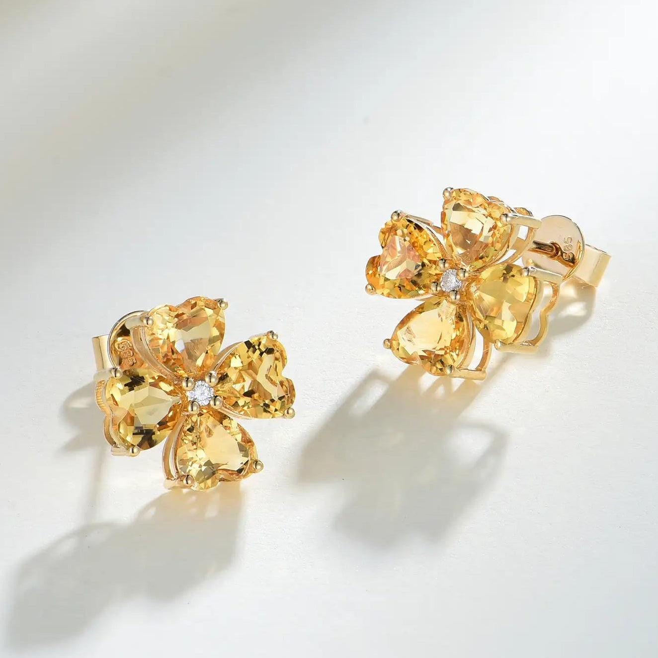 Natural Pear Citrine Diamond Clover Earrings 14k Yellow Gold