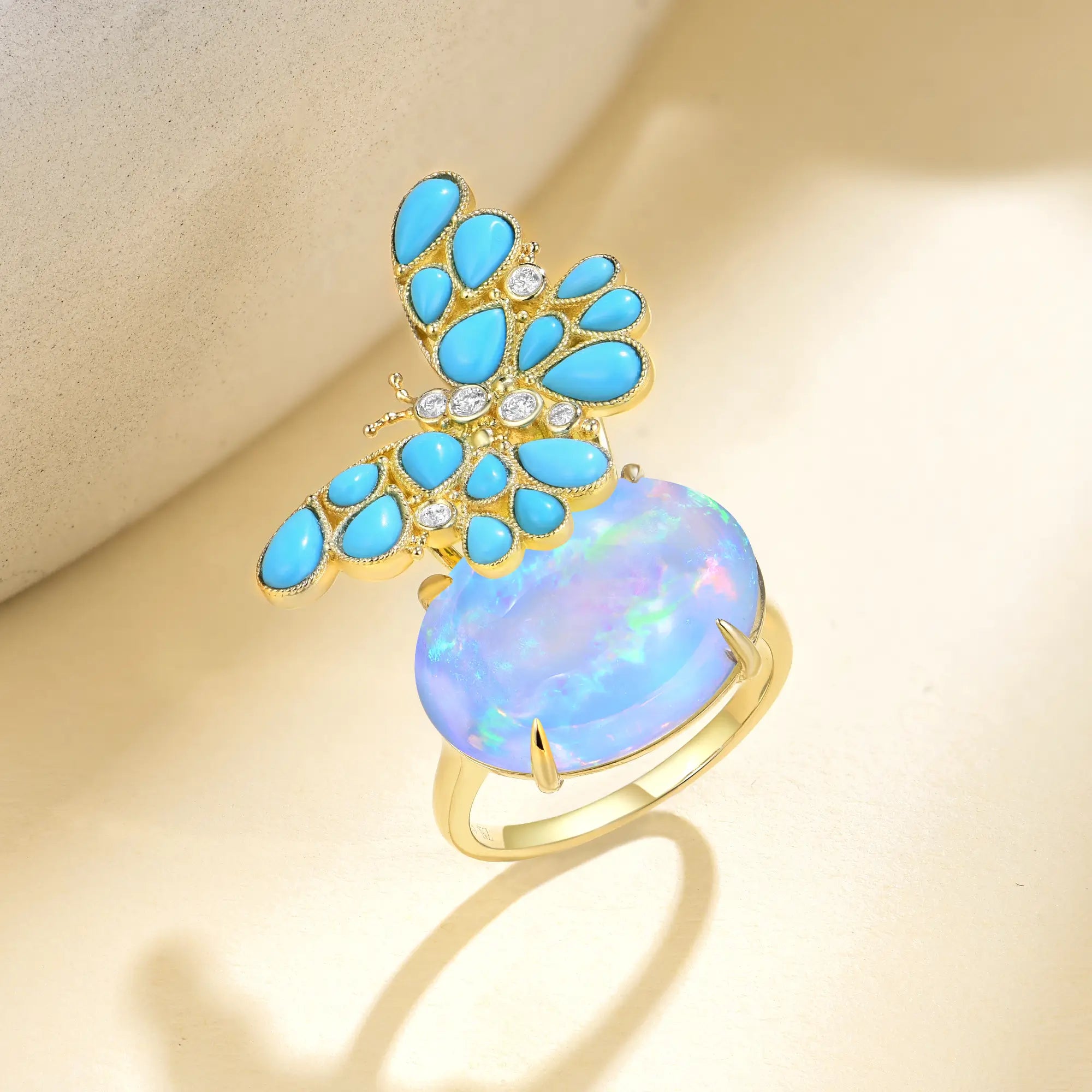 14k gold Nina Zhou x Kai Natural Turquoise Diamond Butterfly on Opal Ring (One-of-a-Kind)