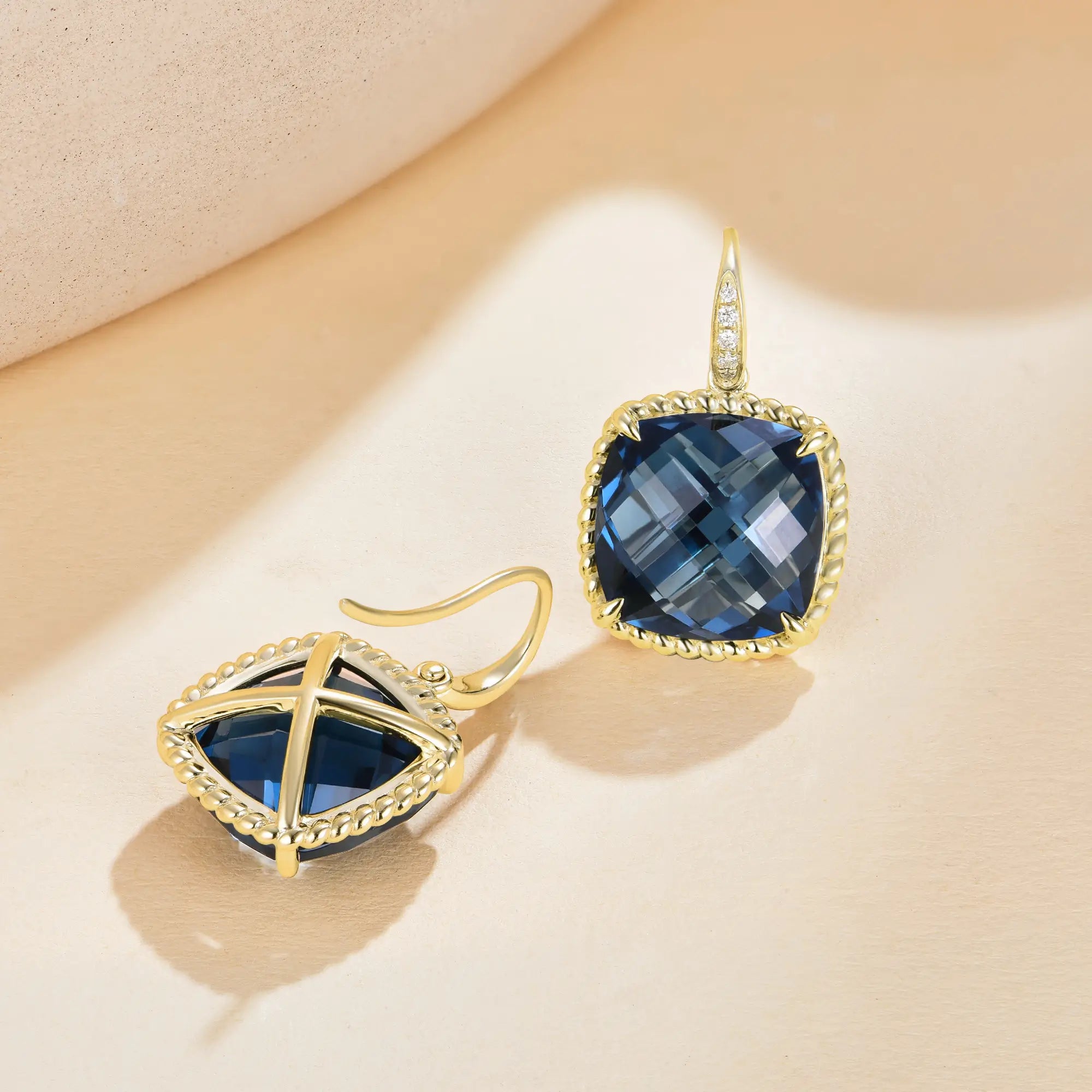 Reflection Cushion 18.05ctw Natural London Blue Topaz & Diamond Drop Earrings in 14k yellow gold