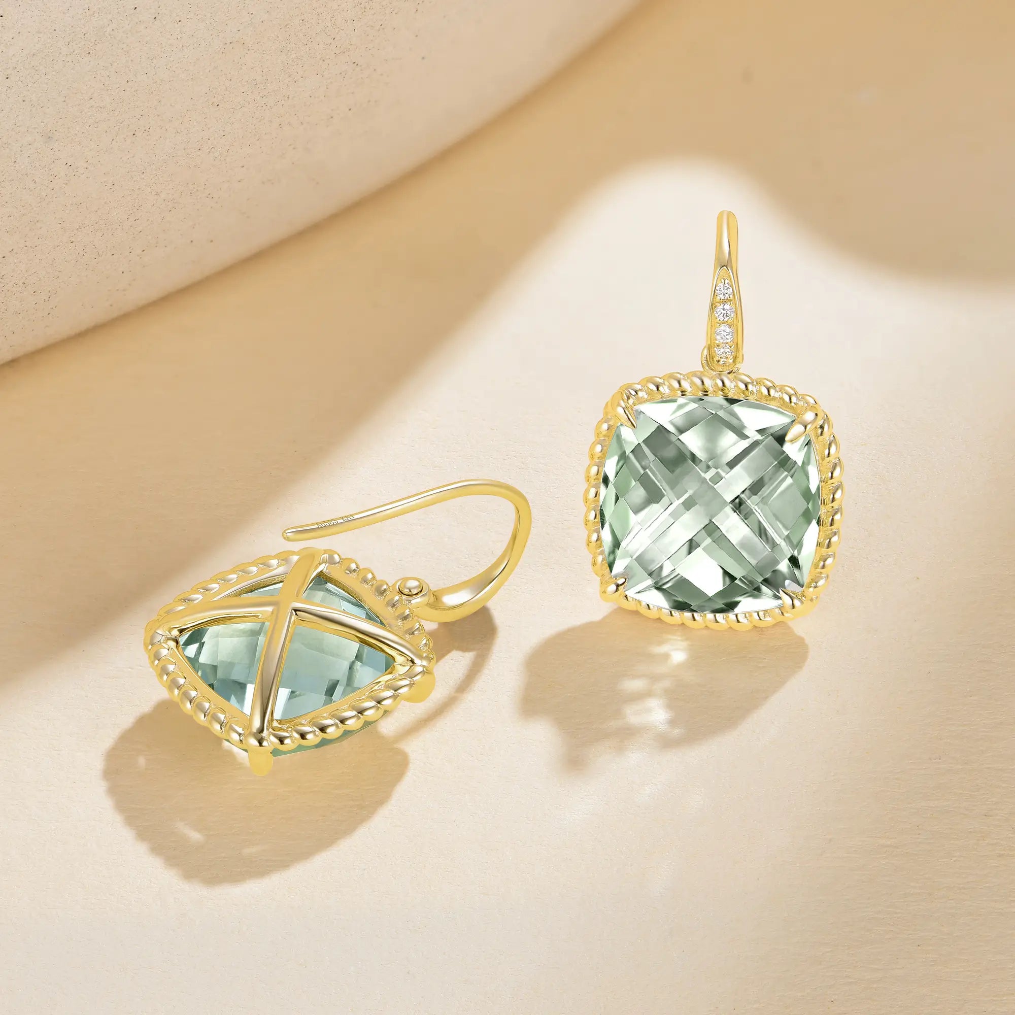 Reflection Cushion 14.05ctw Natural Prasiolite Green Amethyst Diamond Drop Earrings in 14k yellow gold