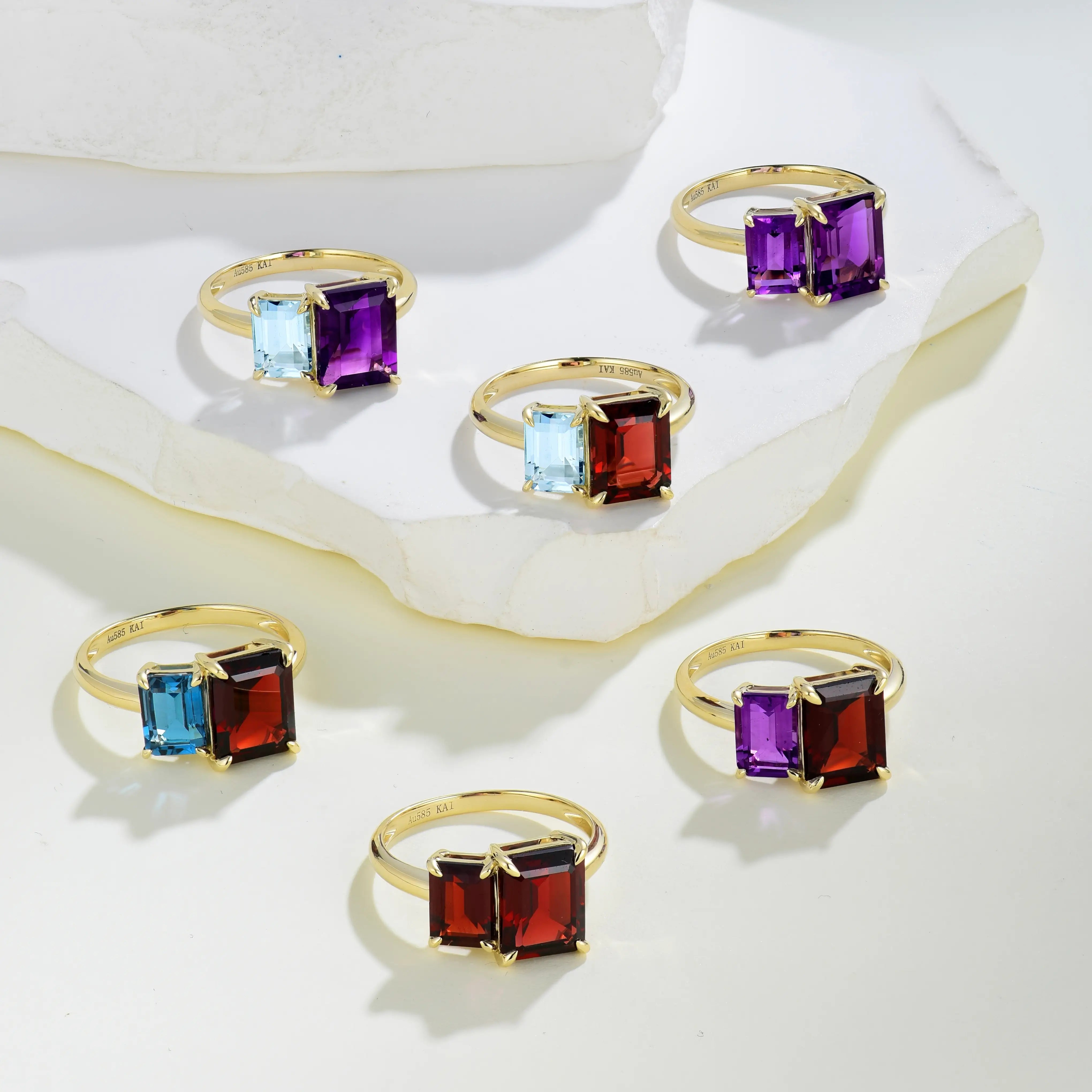14k gold double natural gemstones ring