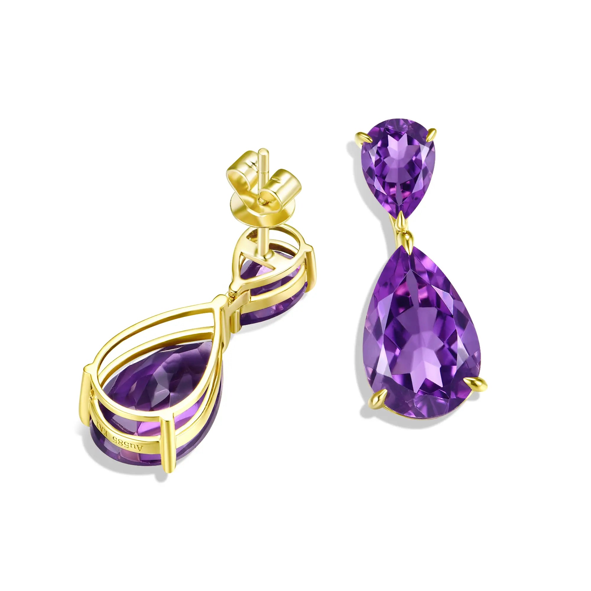 Duet Natural Pear 7.20ctw Amethyst Drop Earrings in 14k solid gold