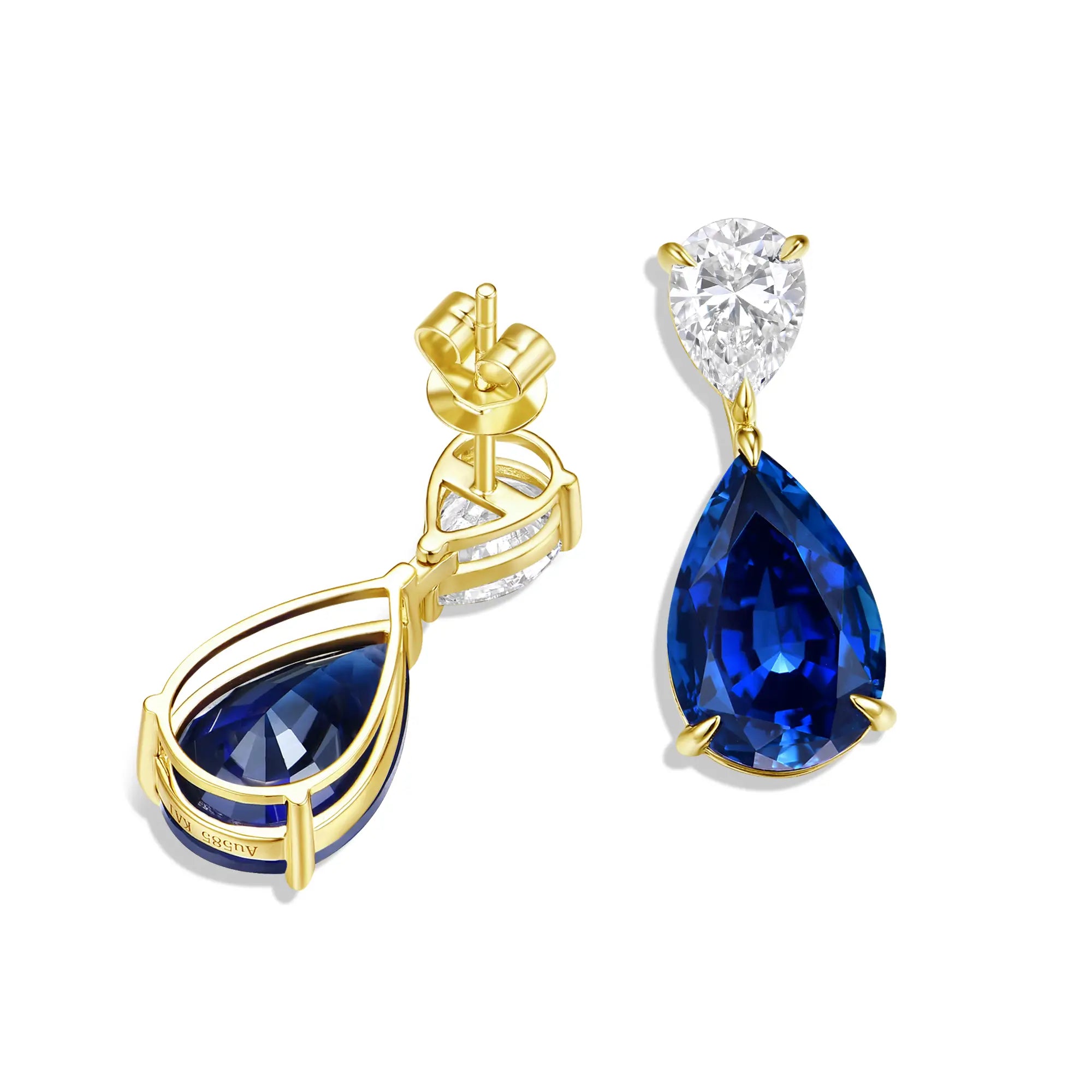 Duet Pear 8.00ctw Lab Grown Diamond & Sapphire Drop Earrings in 14k solid gold