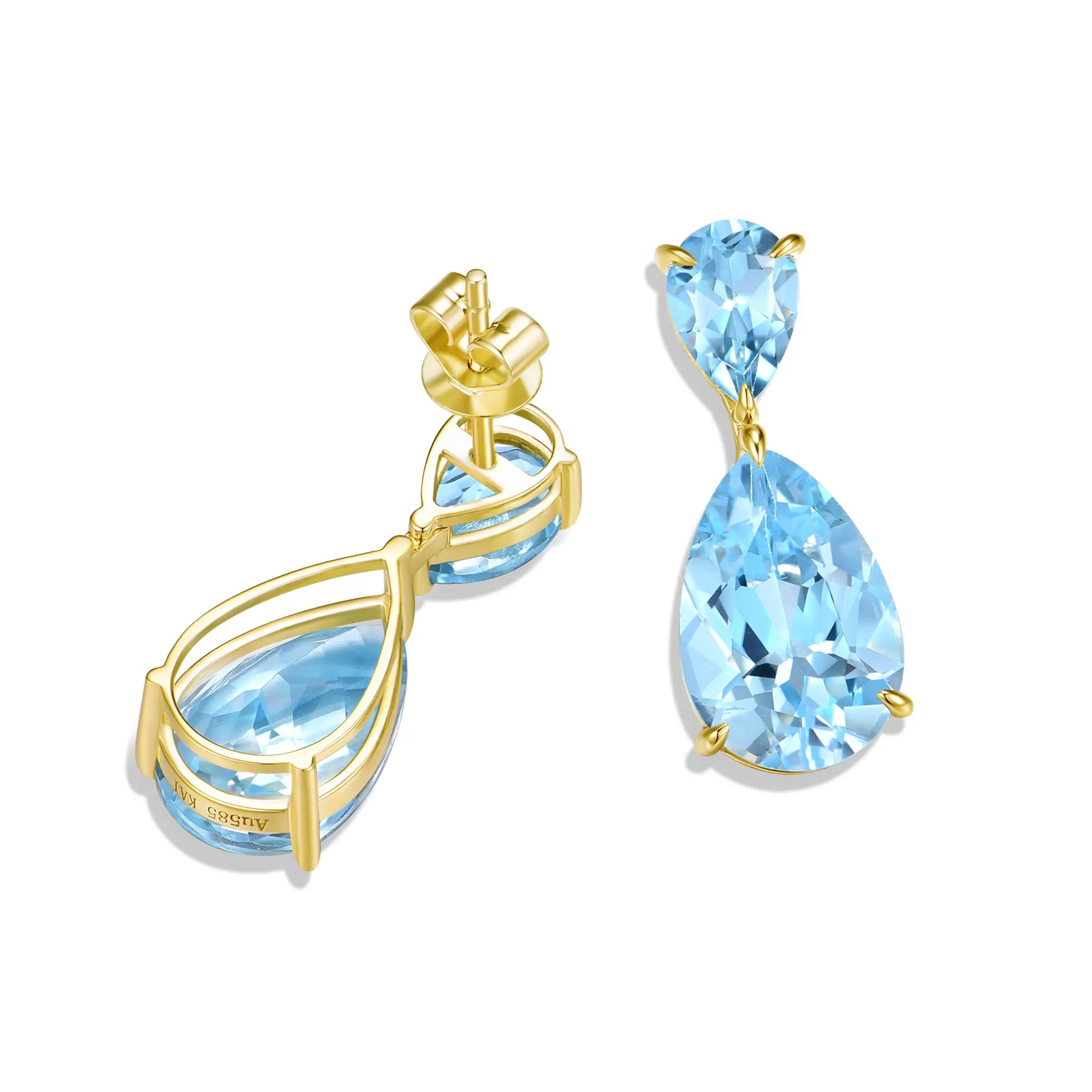 Duet Natural Pear 9.60ctw Sky Blue Topaz Drop Earrings in 14k gold