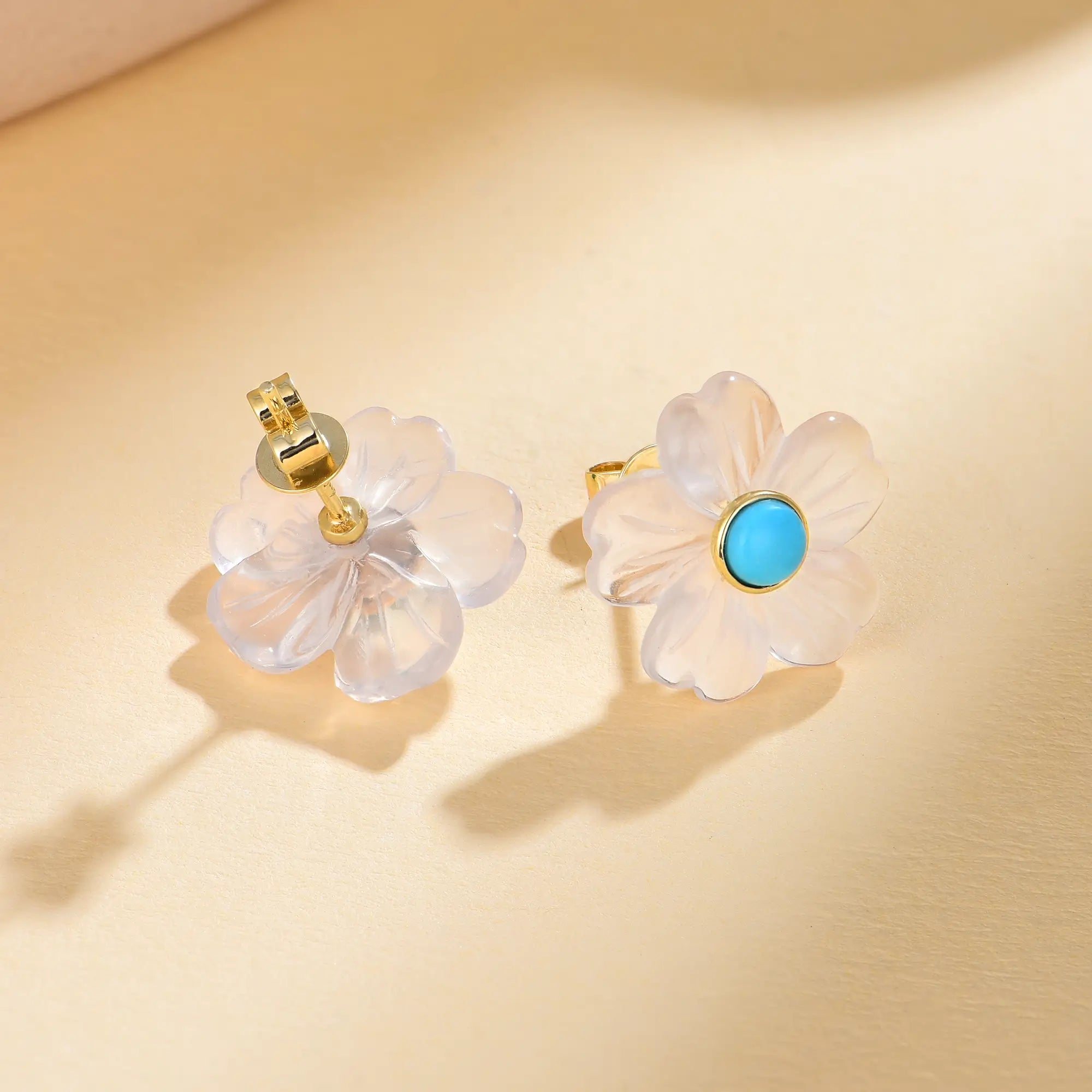 Tropical Blossom Natural Turquoise & Quartz Petal Earrings 14k yellow gold
