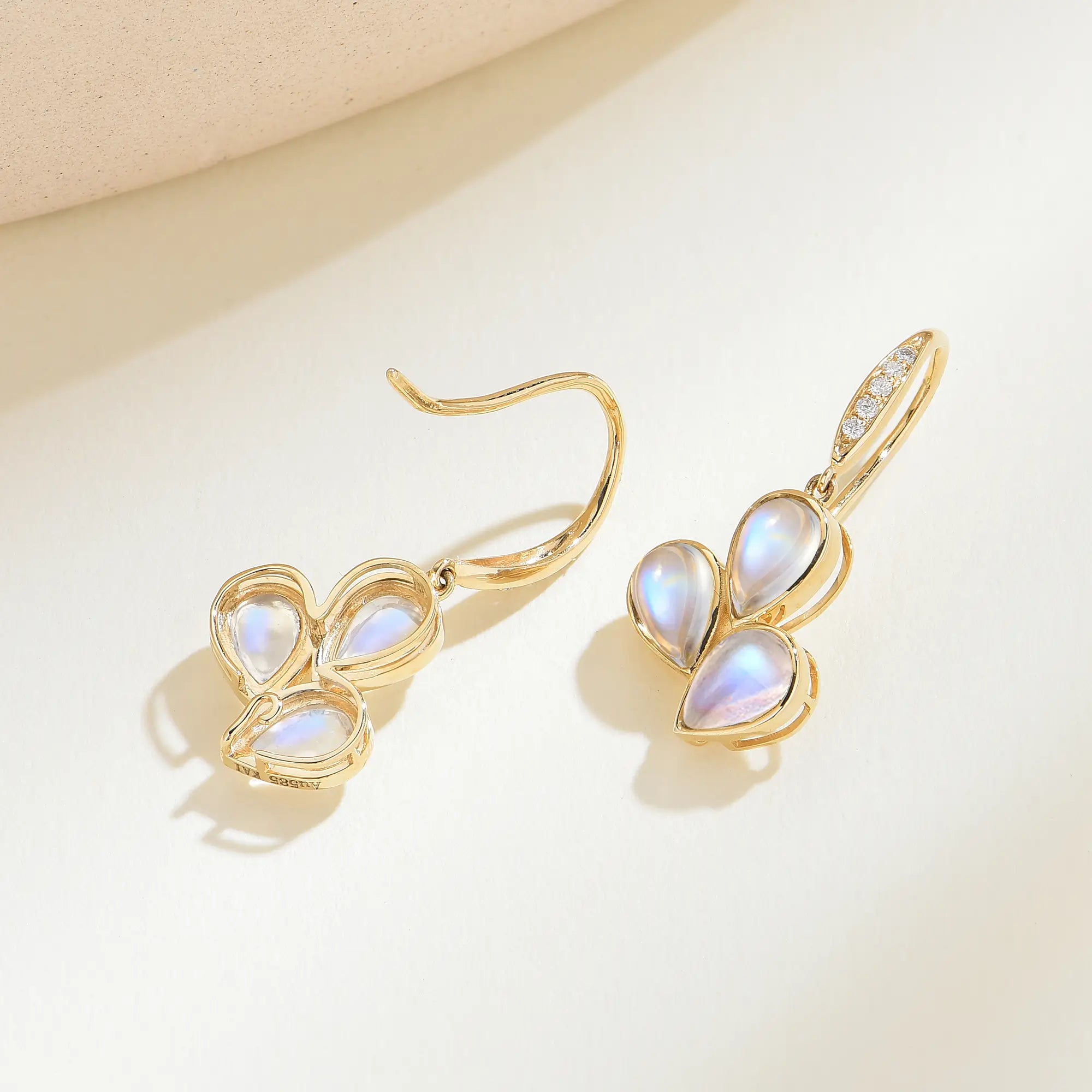 Allure Natural Rainbow Moonstone Diamond Drop Earrings 14k yellow gold