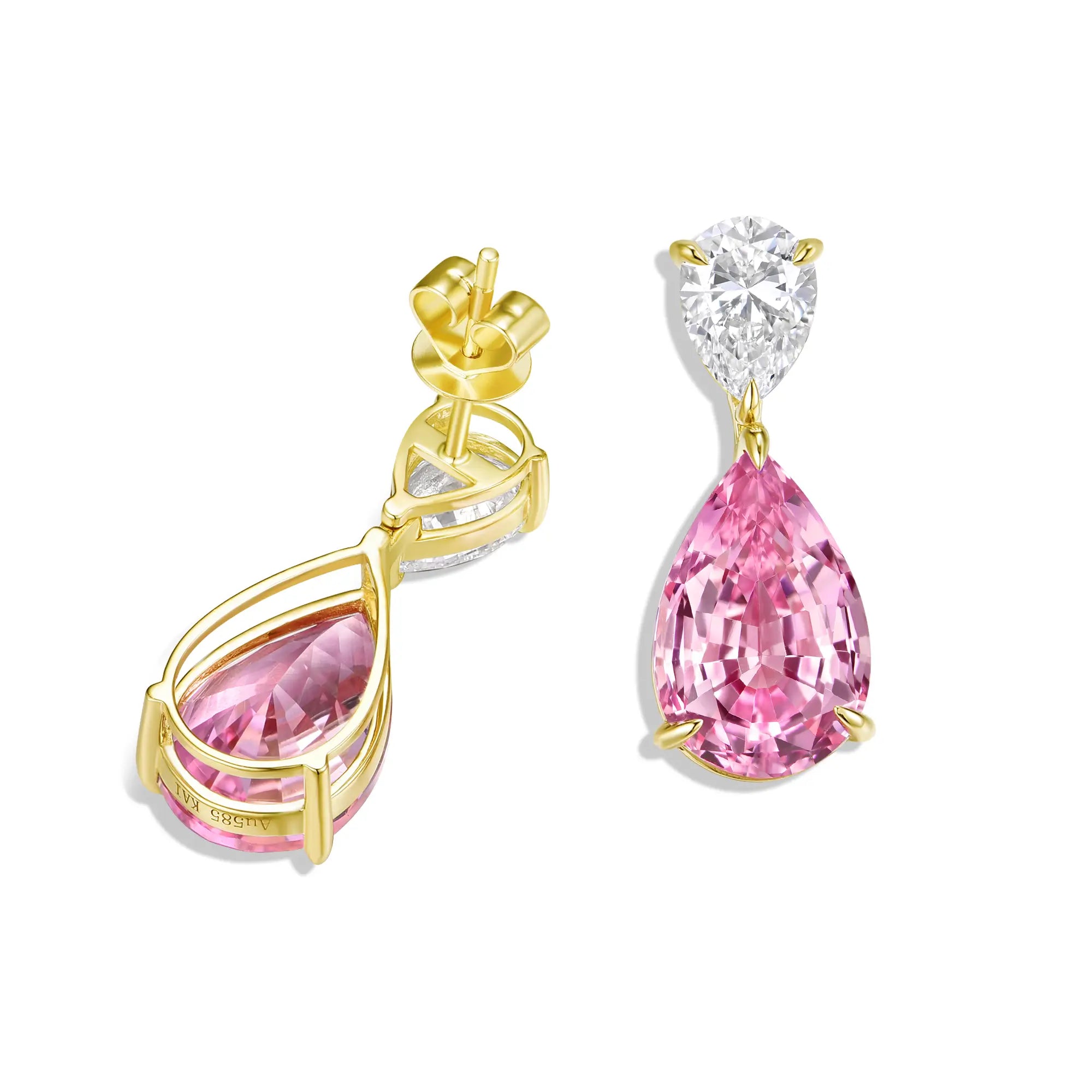 Duet Pear Lab Grown Diamond & Pink Sapphire Drop Earrings in 14k solid gold