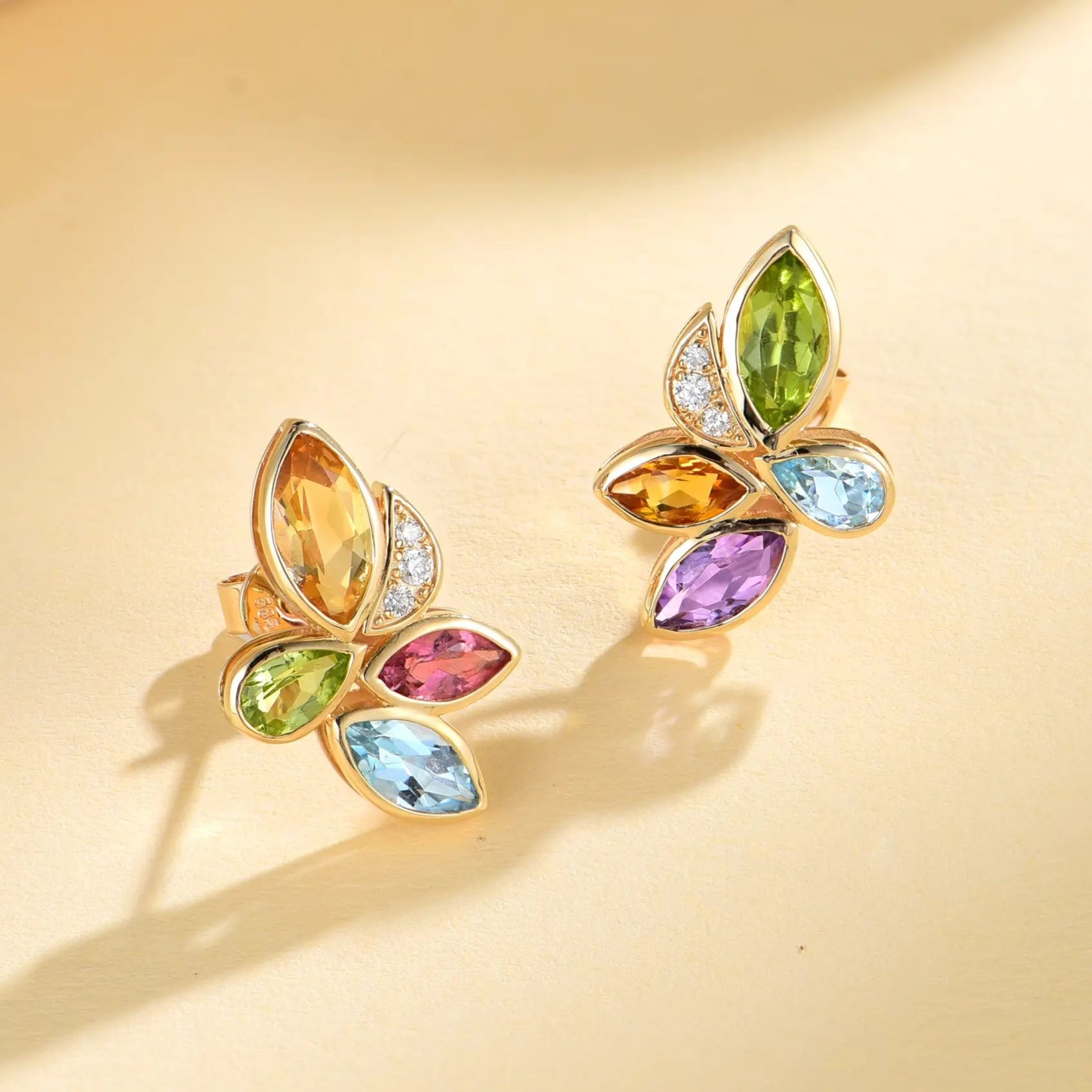 Flower Natural Peridot, Citrine, Aquamarine, Amethyst, Tourmaline Diamond Earrings 14k yellow gold