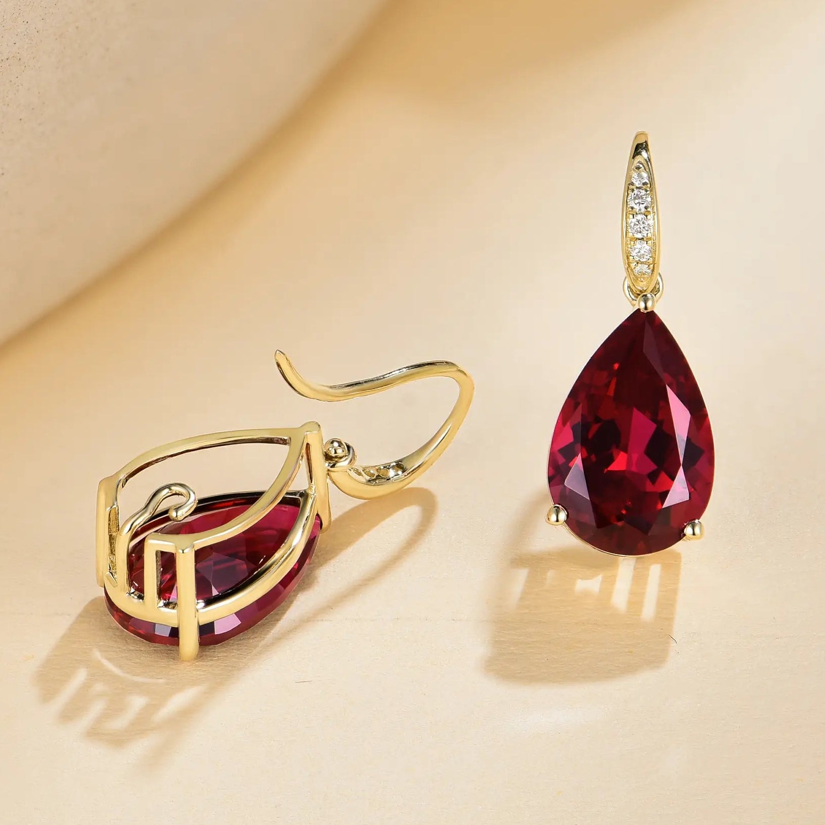 Radiant Pear 7.45ctw Lab-Grown Ruby Diamond Drop Earrings 14k gold