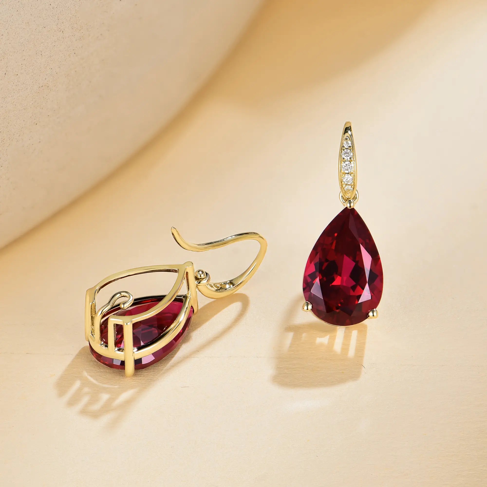 Radiant Pear 7.45ctw Lab-Grown Ruby Diamond Drop Earrings 14k gold