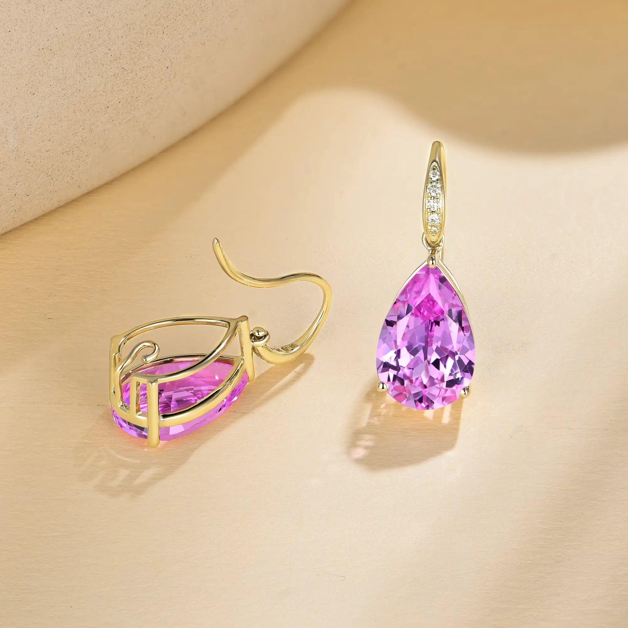 Radiant Pear 8.05ctw Lab-Grown Pink Sapphire & Diamond Drop Earrings 14k solid gold