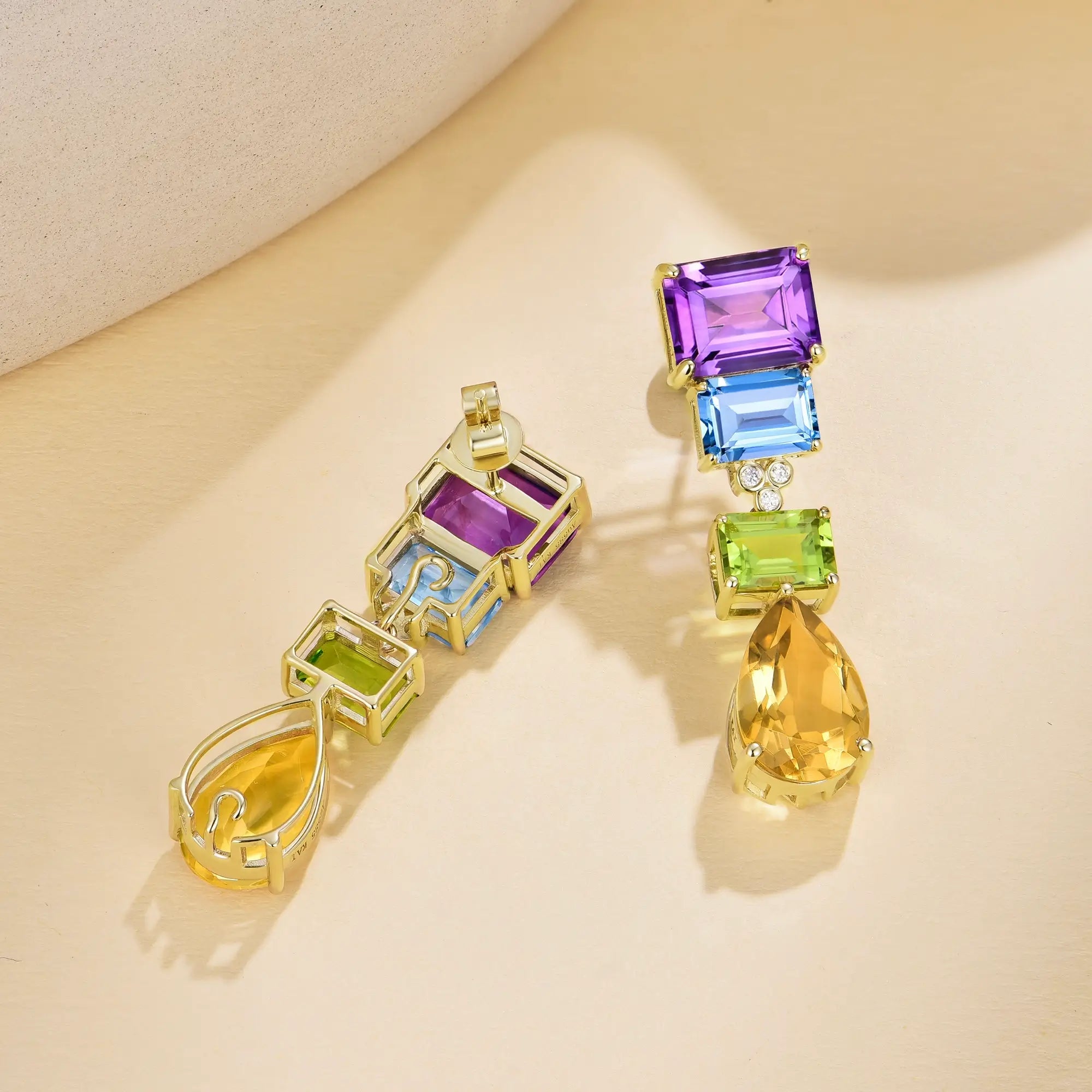 GemFusion Natural 14.45ctw Amethyst Topaz Peridot Citrine Diamond Convertible Drop Earrings in 14k yellow gold