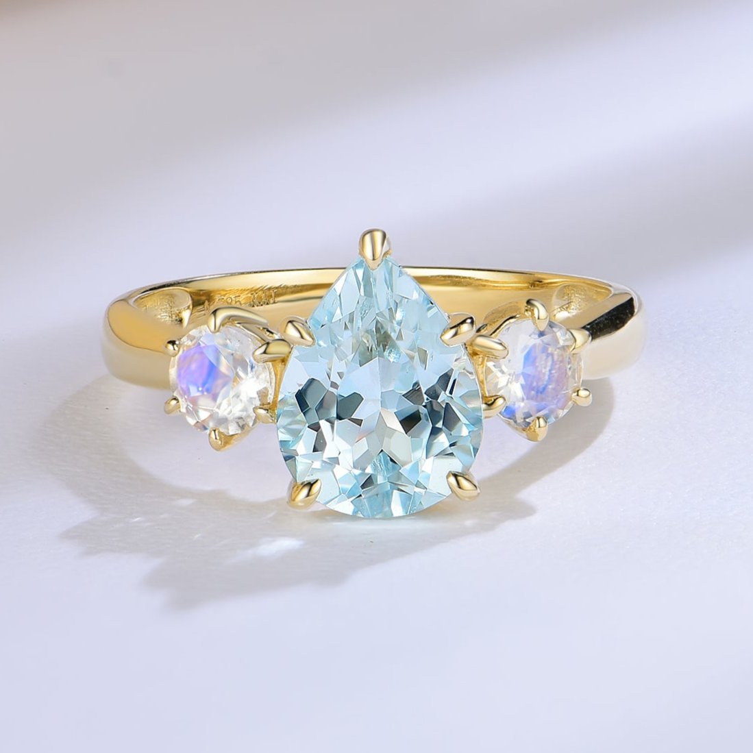 Evelyn Pear Aquamarine Moonstone Three-stone Ring