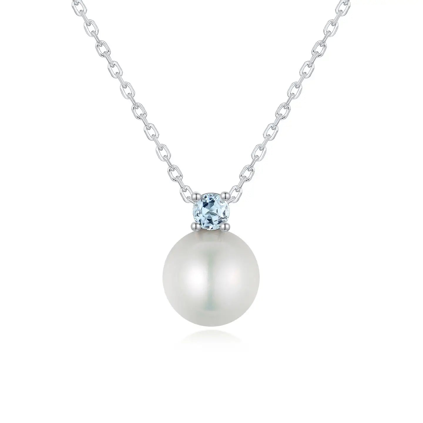 Birthstone Aquamarine Pearl Necklace in 14k white gold