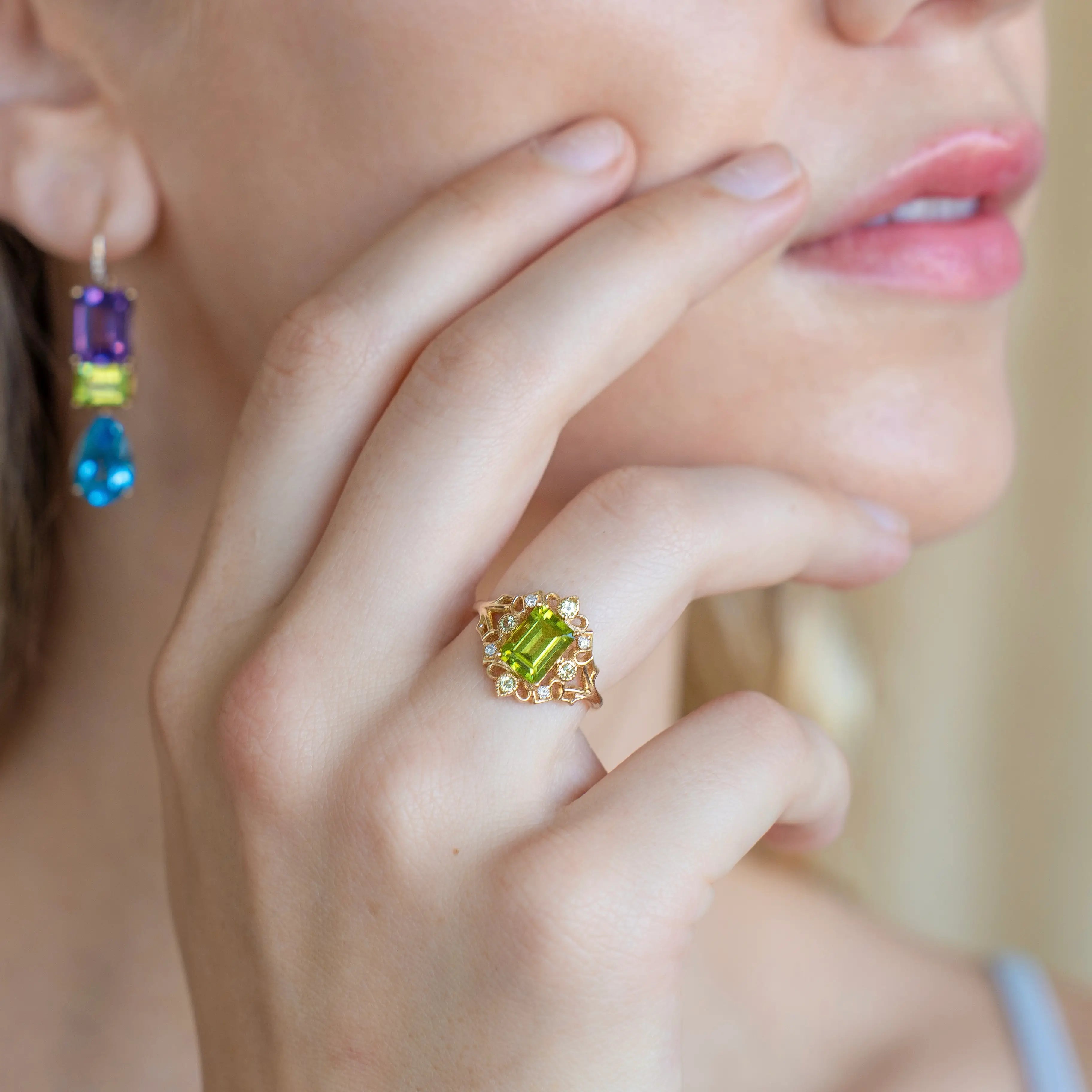 natural peridot 14k yellow gold diamond cocktail ring