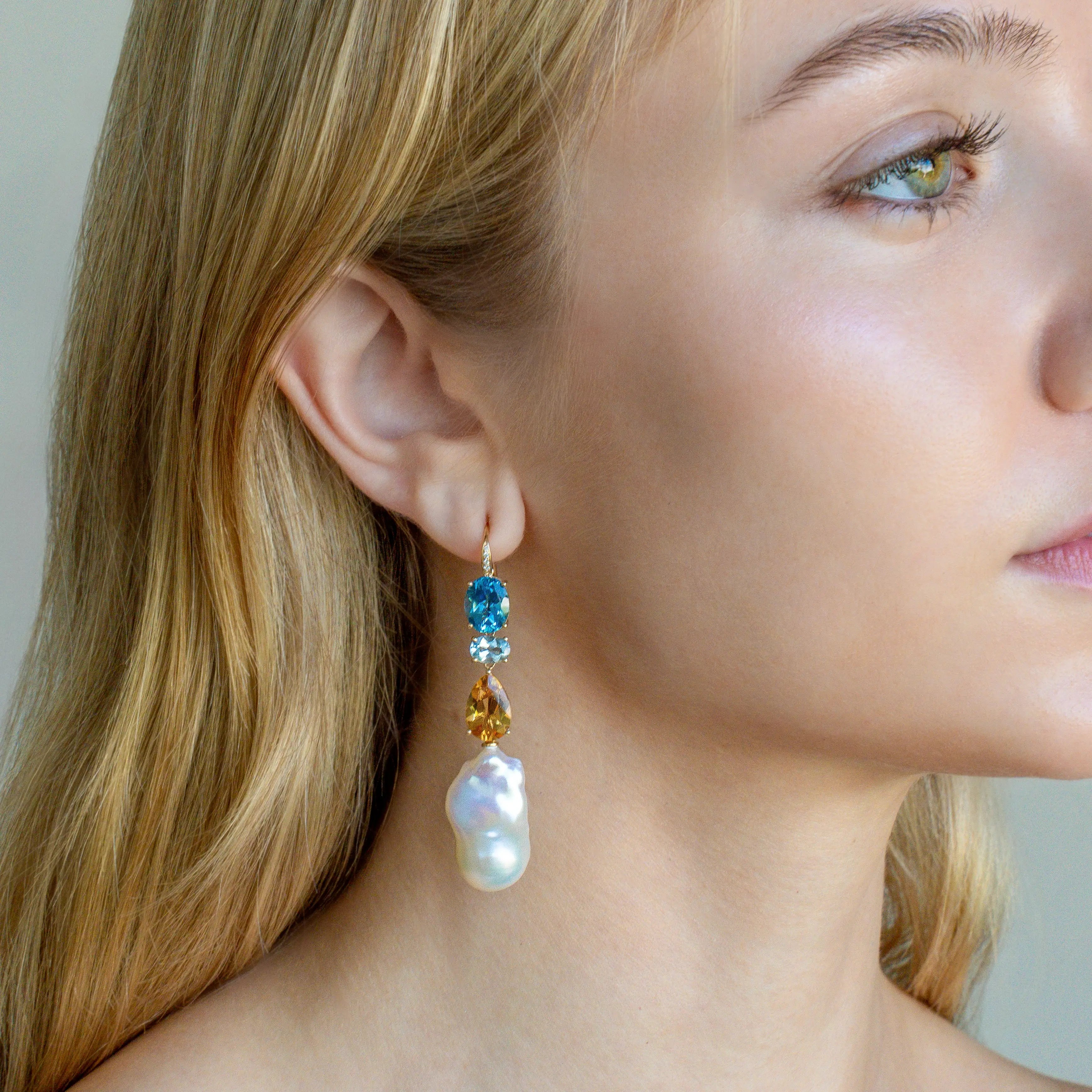GemFusion Natural Topaz Aquamarine Citrine Diamond Baroque Pearl Convertible Drop Earrings 14k yellow gold