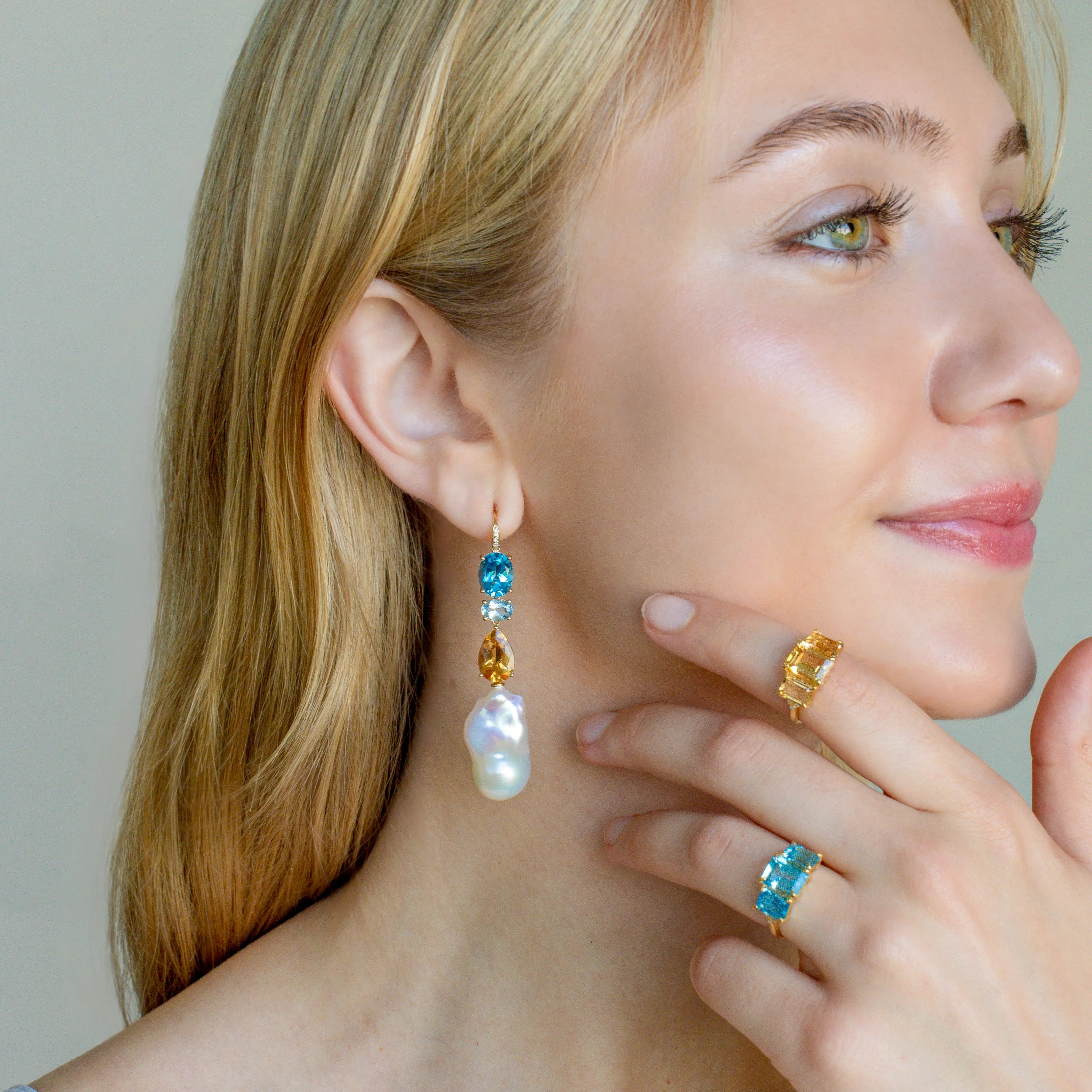 GemFusion Natural Topaz Aquamarine Citrine Diamond Baroque Pearl Convertible Drop Earrings 14k yellow gold
