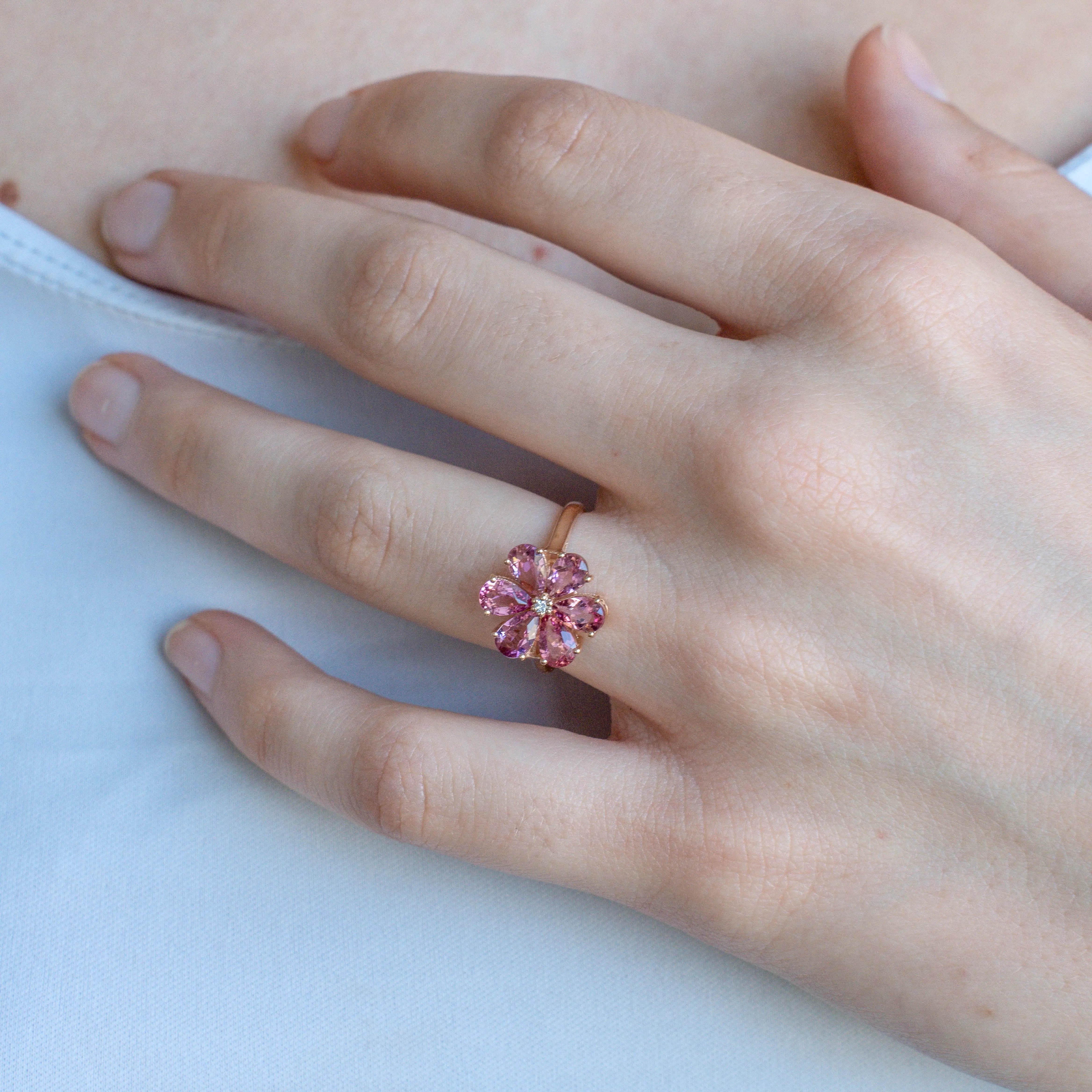 Flora Blossom Natural Pink Tourmaline Diamond Ring 14k rose Gold