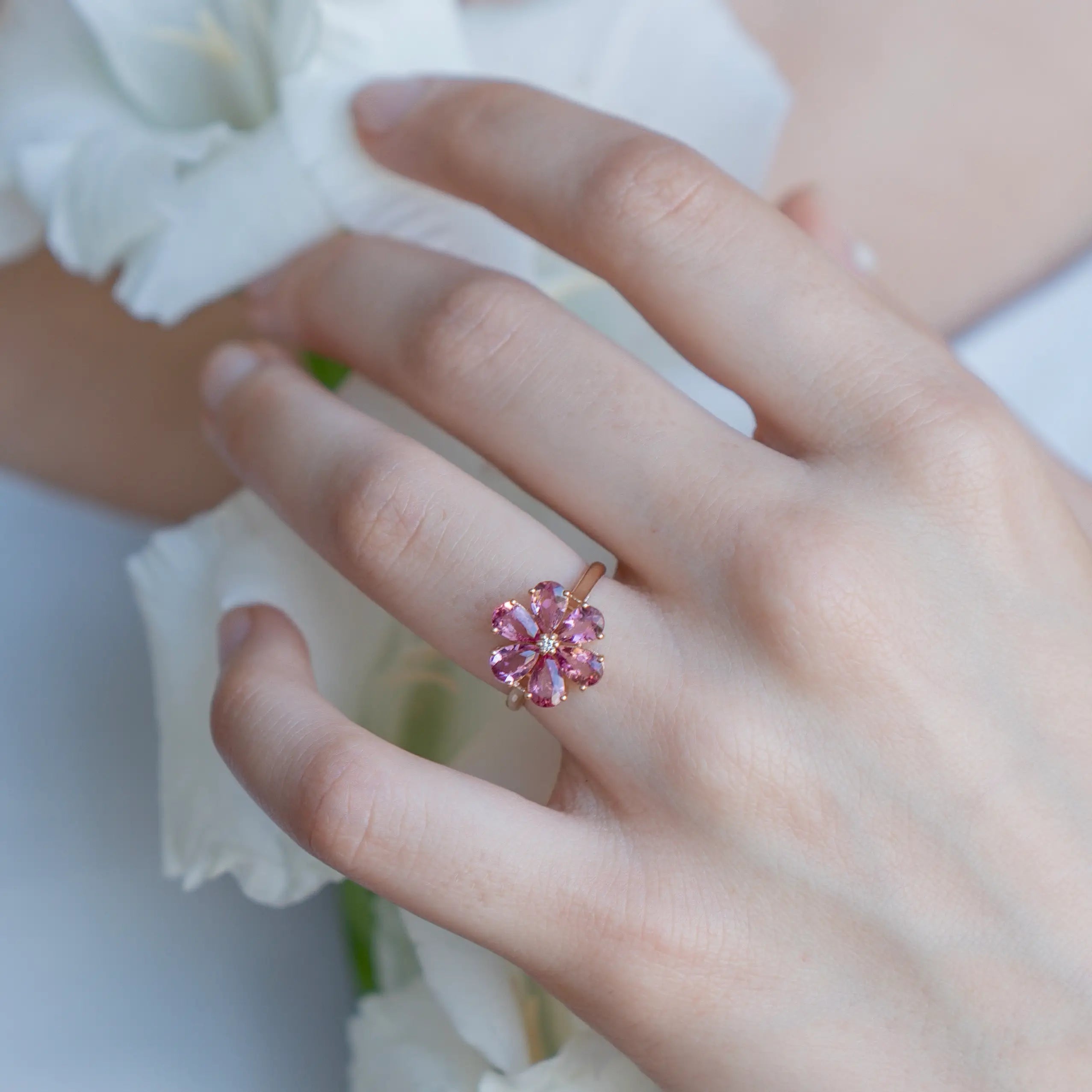Flora Blossom Natural Pink Tourmaline Diamond Ring 14k rose Gold