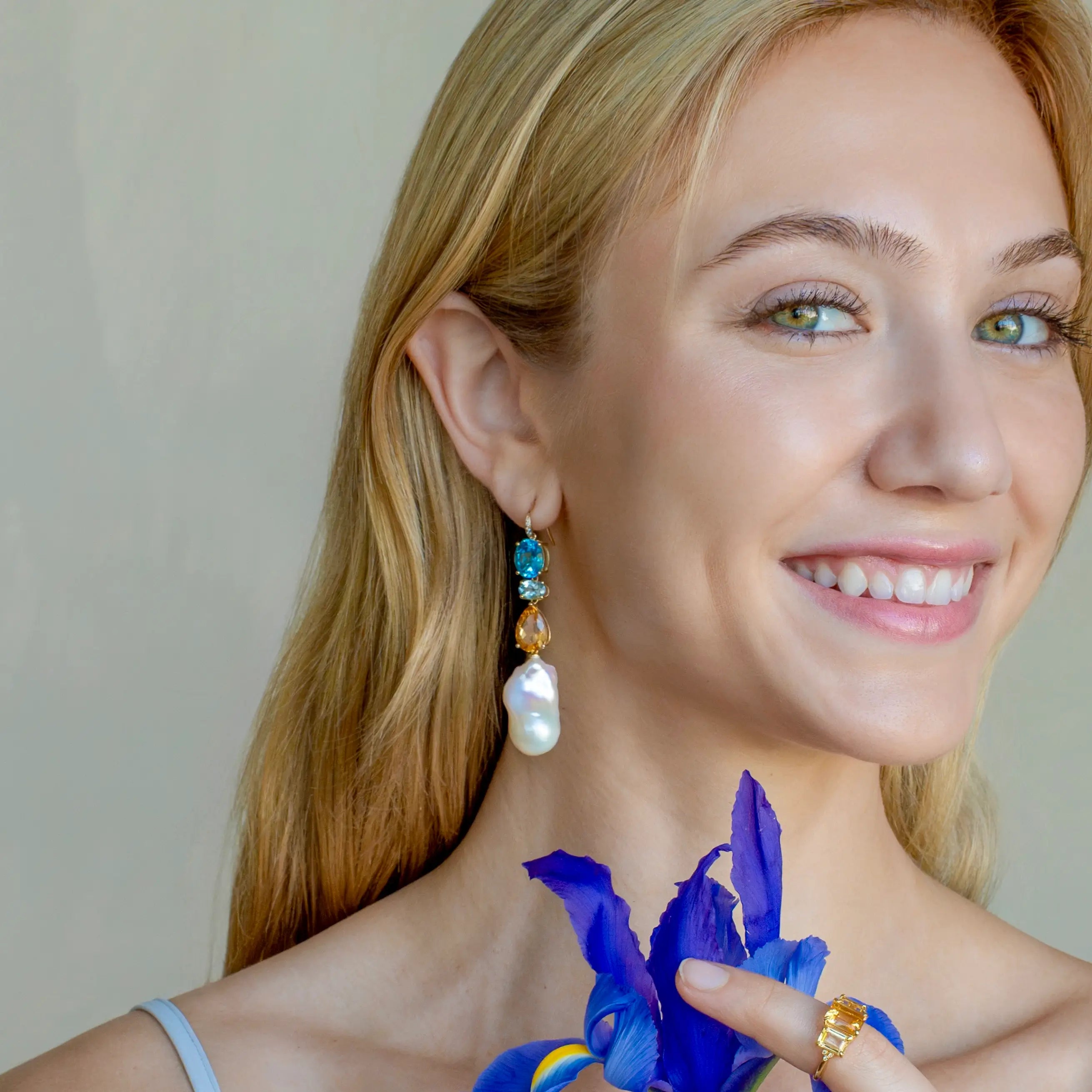GemFusion Natural Topaz Aquamarine Citrine Diamond Baroque Pearl Convertible Drop Earrings 14k yellow gold
