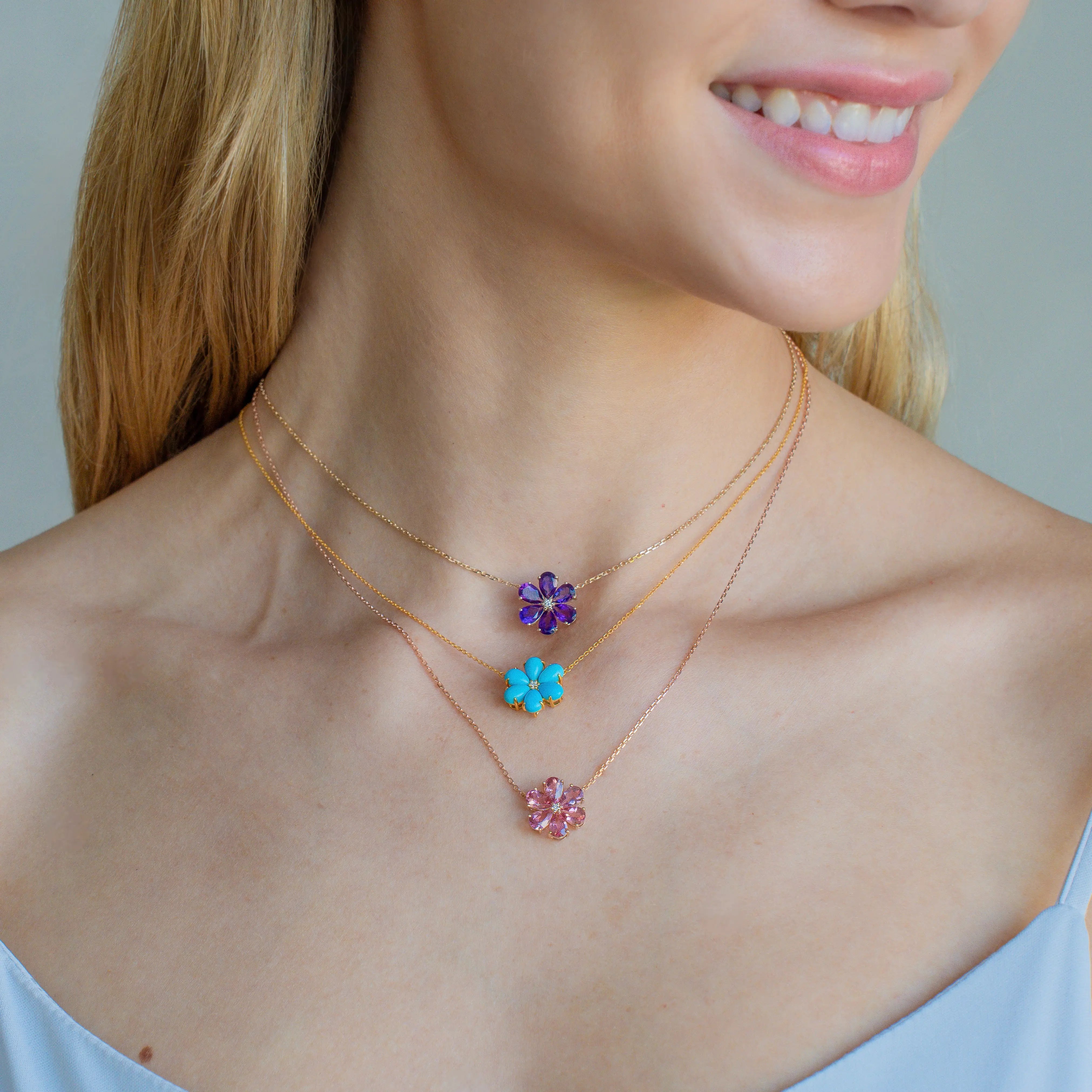 Flora Blossom Pink Tourmaline gemstones Diamond Necklace 14k solid gold
