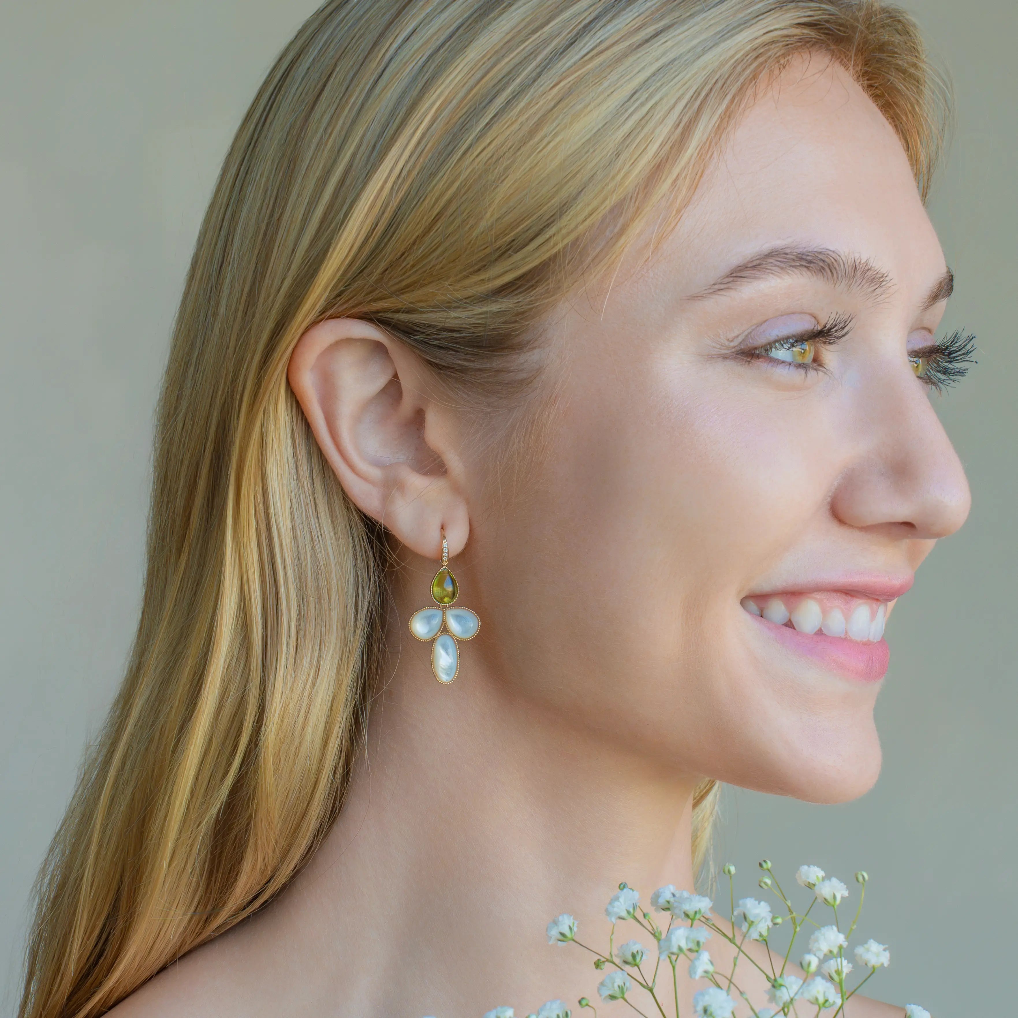 SnowDrop Flower Natural Peridot & Mother of Pearl Diamond Convertible Drop Earrings 14k yellow gold 