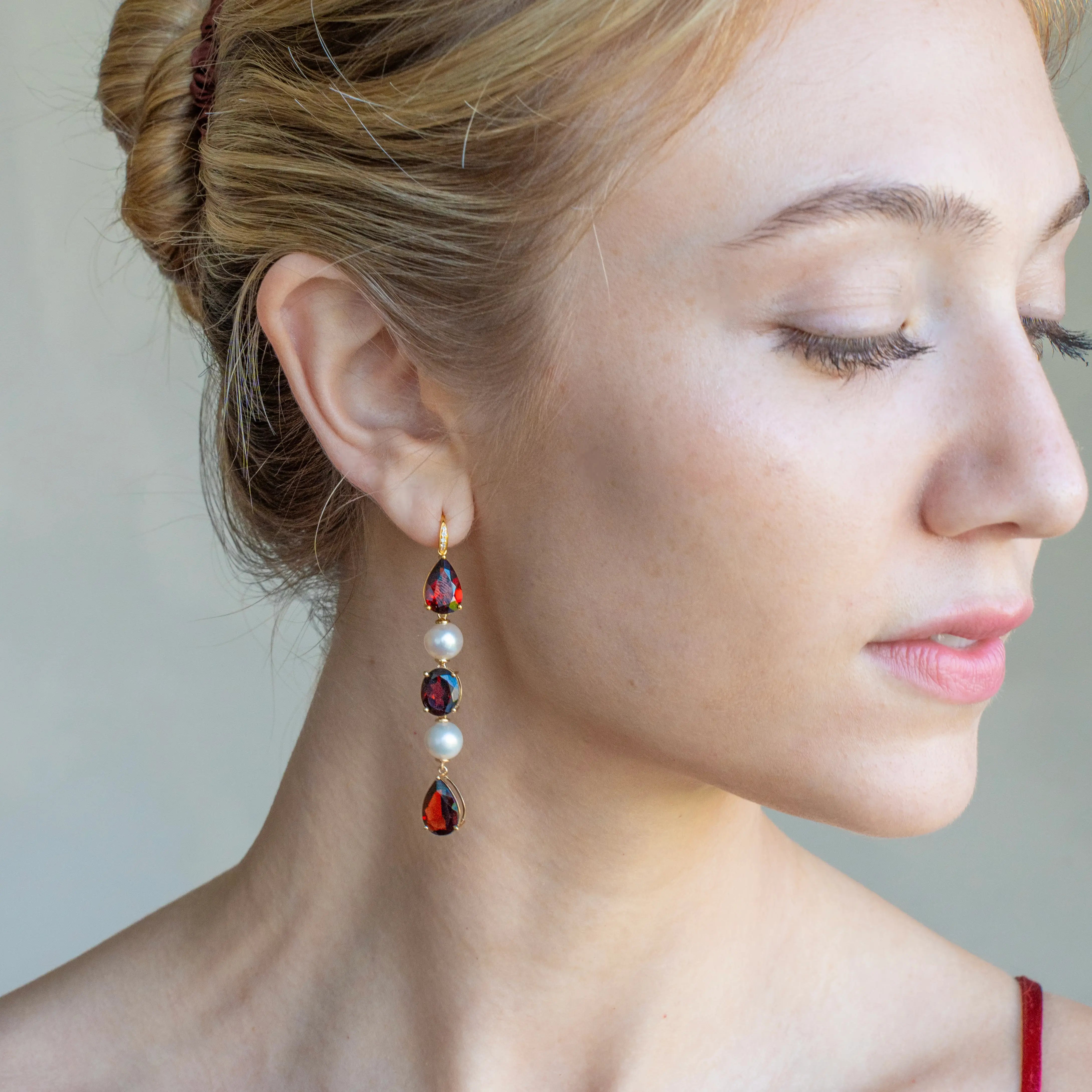 GemFusion Natural Garnet Diamond Pearl Convertible Drop Earrings 14k yellow gold