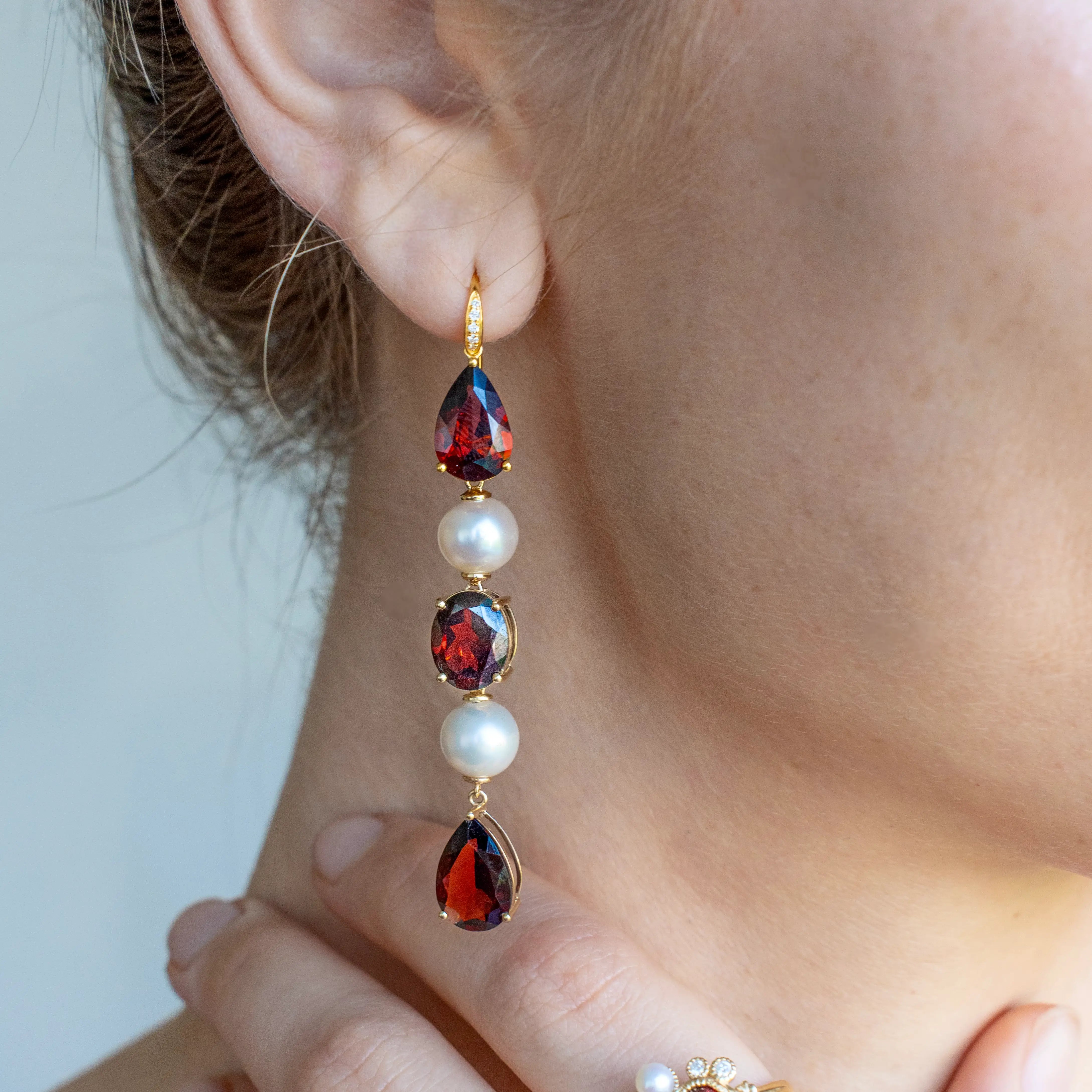 GemFusion Natural Garnet Diamond Pearl Convertible Drop Earrings 14k yellow gold
