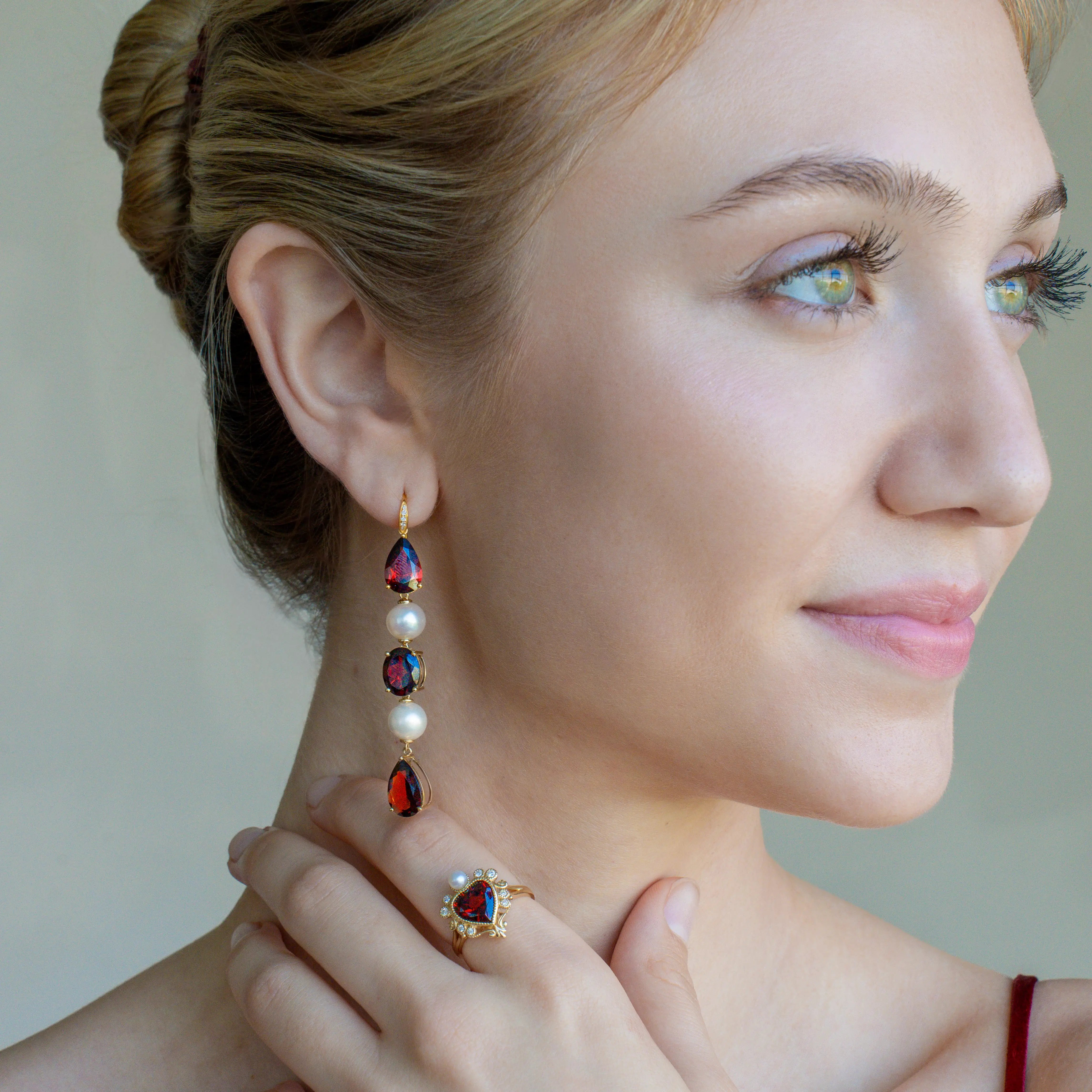 GemFusion Natural Garnet Diamond Pearl Convertible Drop Earrings 14k yellow gold