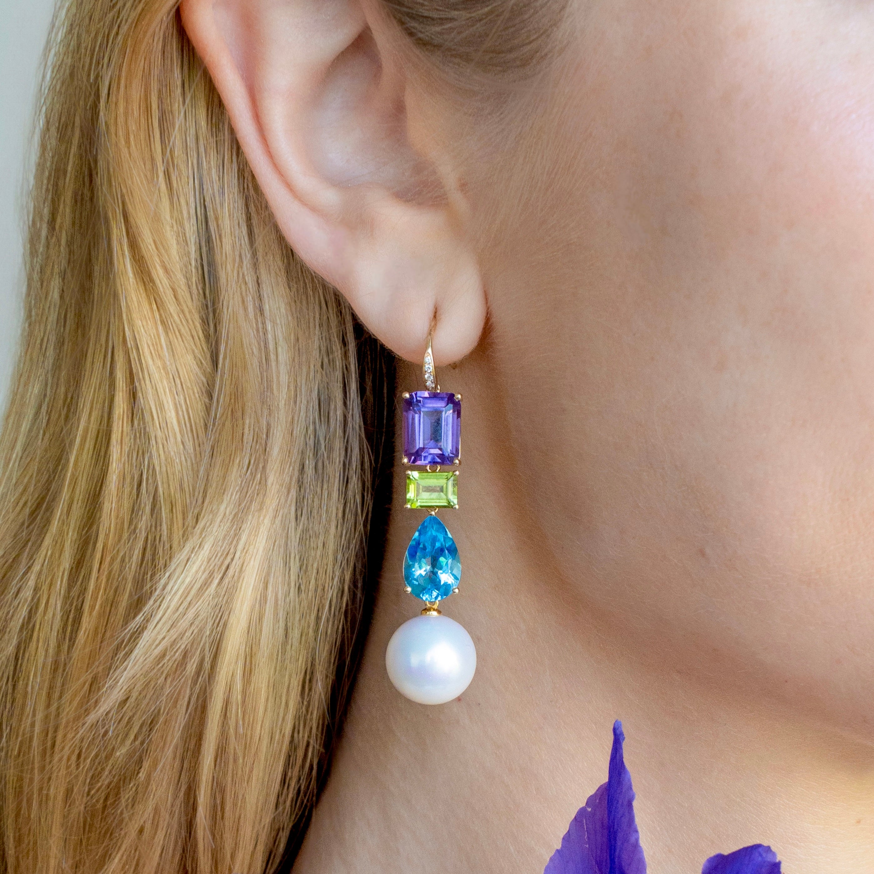 GemFusion Natural Amethyst Peridot Topaz Diamond Pearl Convertible Drop Earrings 14k yellow gold