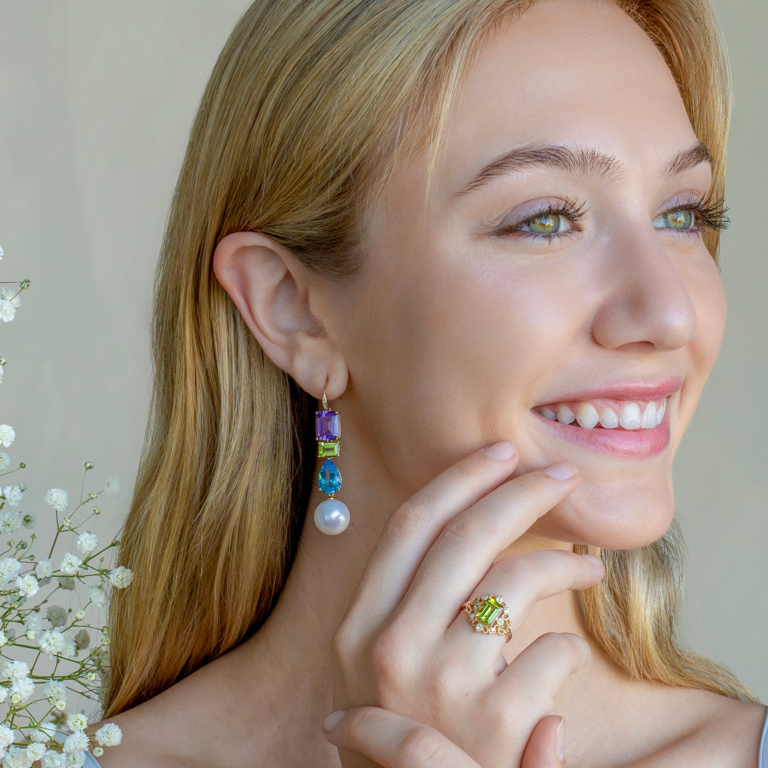 GemFusion Natural Amethyst Peridot Topaz Diamond Pearl Convertible Drop Earrings 14k yellow gold