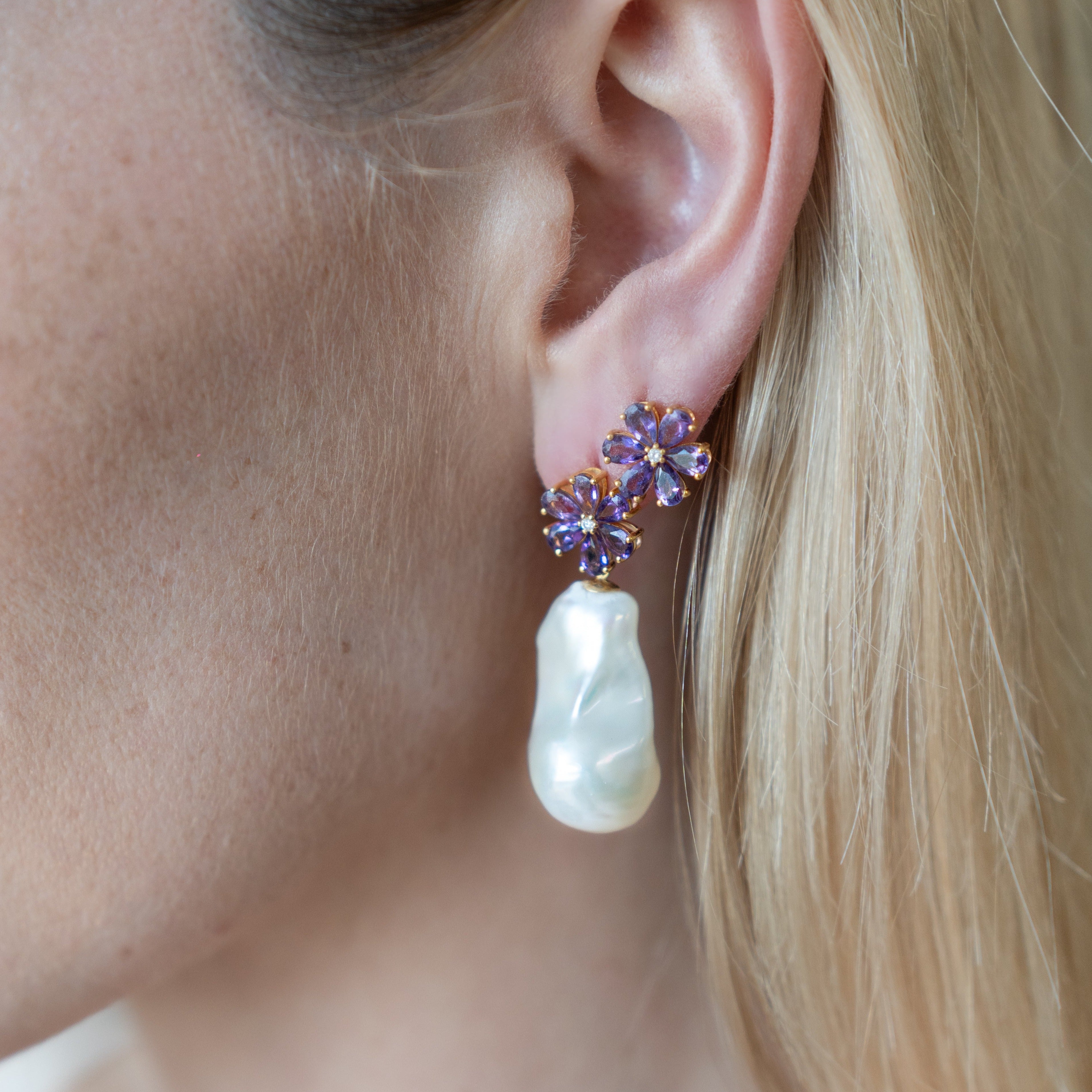 14k yellow gold purple amethyst flower petal diamond cultured barpque pearl convertible drop earrings